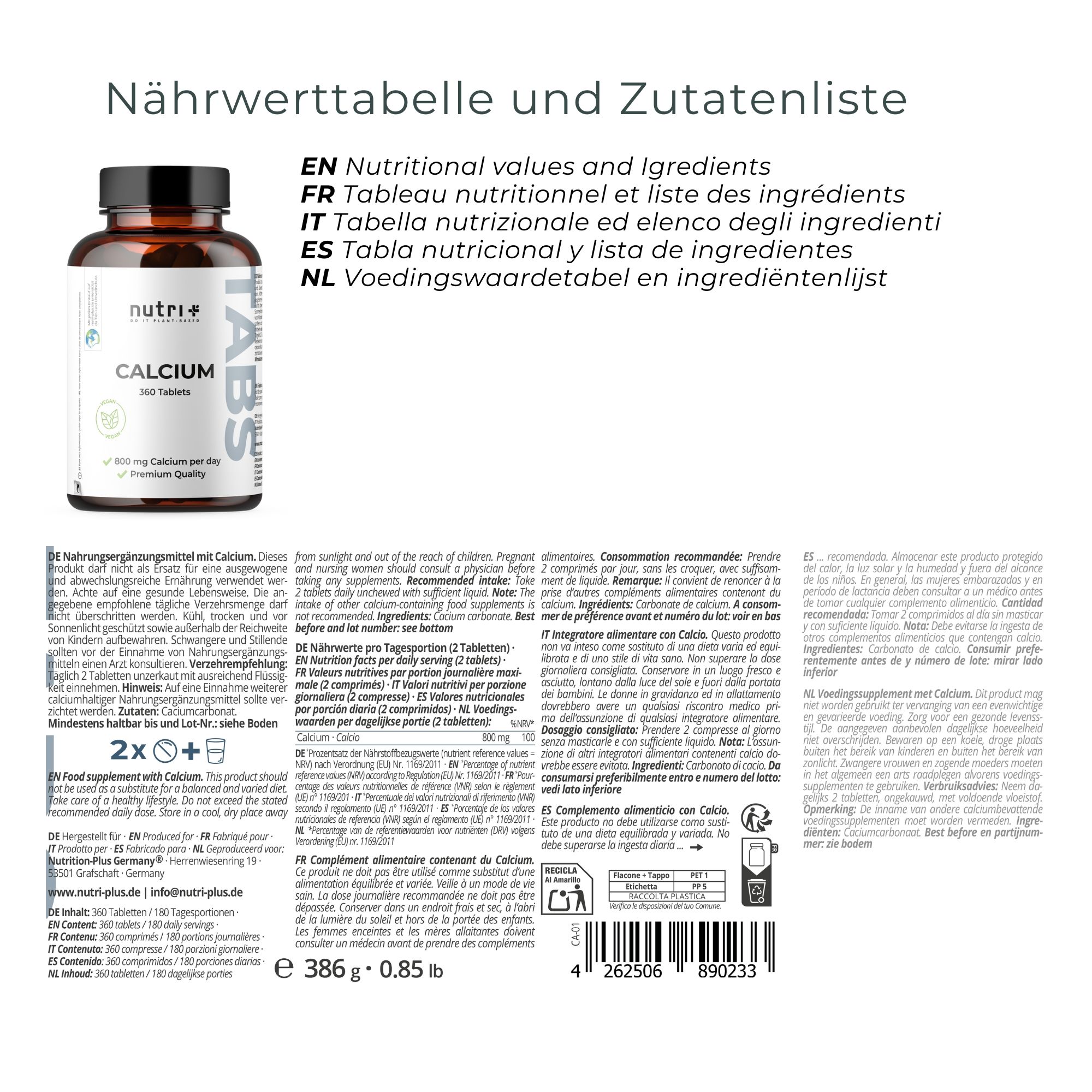 Nährwerttabelle und Zutatenliste. Text in Deutsch, Englisch, Französisch, Italienisch und Niederländisch. Flasche "Calcium 360 Tabletten" im Hintergrund.