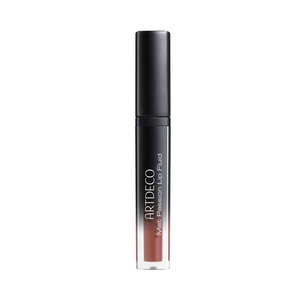 Artdeco Mat Passion Lip Fluid. Schwarze Kappe, transparente Hülse mit rosafarbenem Inhalt. Produktetikett.
