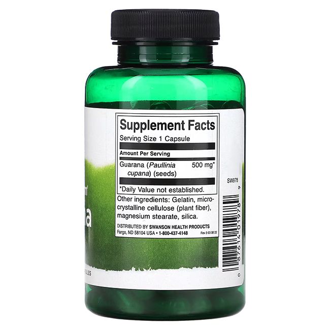 Grüne Flasche mit schwarzem Deckel. Rückseite mit "Supplement Facts". Enthält "Guarana (Paullinia cupana) (seeds)".