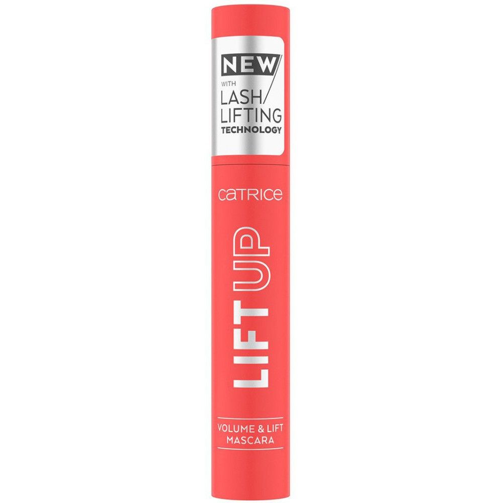 Rote Mascarahülse mit weißer Schrift. Aufschrift: Catrice, Lift Up, Volume & Lift Mascara. Mit "NEW" und "LASH/LIFTING TECHNOLOGY" Aufkleber.
