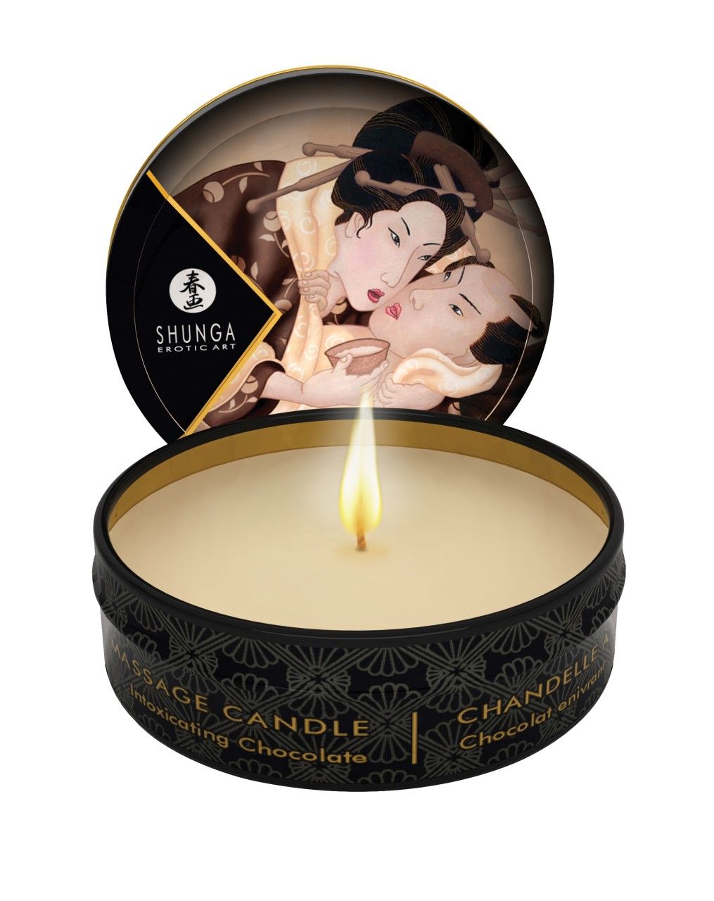Shunga Massage Candle, Duft: Intoxicating Chocolate. Mit Flamme. Deckel mit erotischer Kunst.