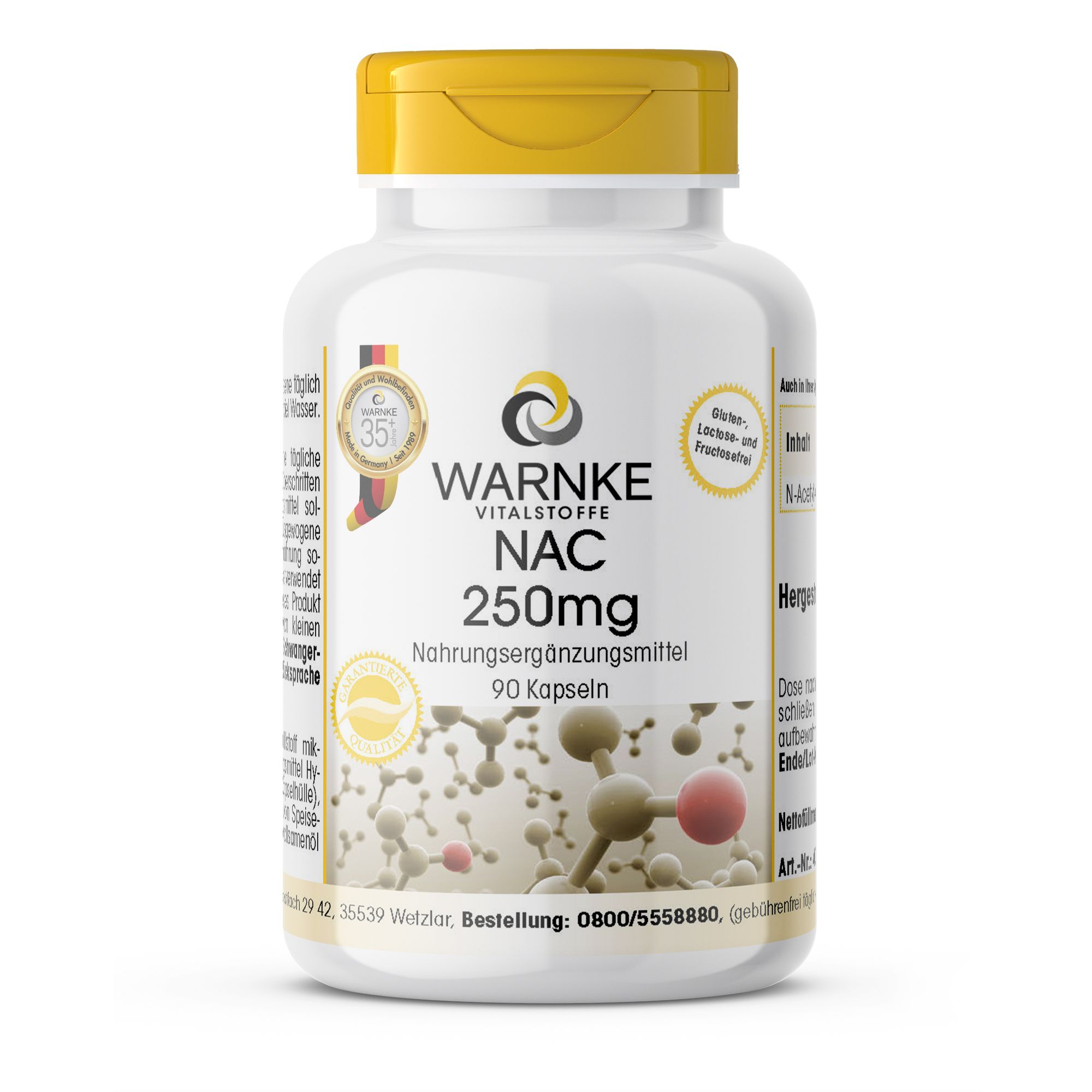 Weiße Flasche mit gelbem Deckel. Aufschrift: Warnke Vitalstoffe NAC 250mg, Nahrungsergänzungsmittel, 90 Kapseln. Mit Zertifizierungen.