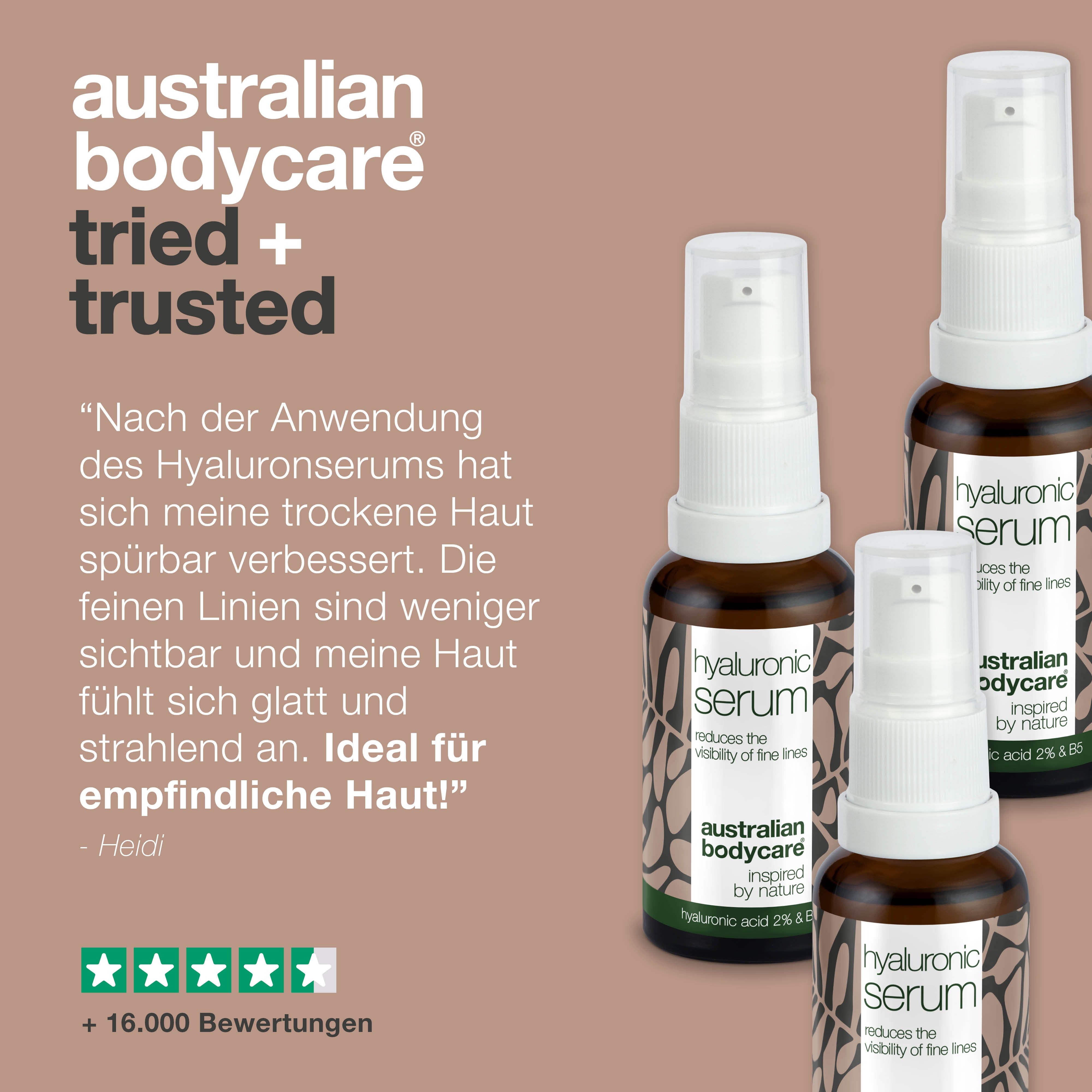 Produktpräsentation mit Serumflaschen. Aufschrift: Hyaluronic Serum, Australian Bodycare.