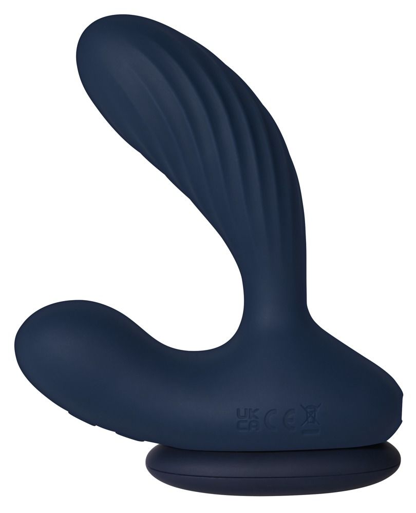 Dunkelblauer Analvibrator mit gerilltem Schaft und Ladebasis.