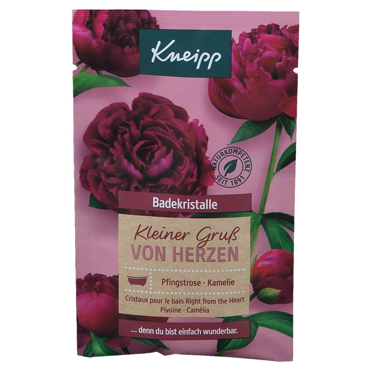 Rosa Beutel mit Kneipp-Logo und Blüten. Text: Badekristalle, Kleiner Gruß von Herzen. Enthält Pfingstrose und Kamelie. Naturkompetenz Siegel.