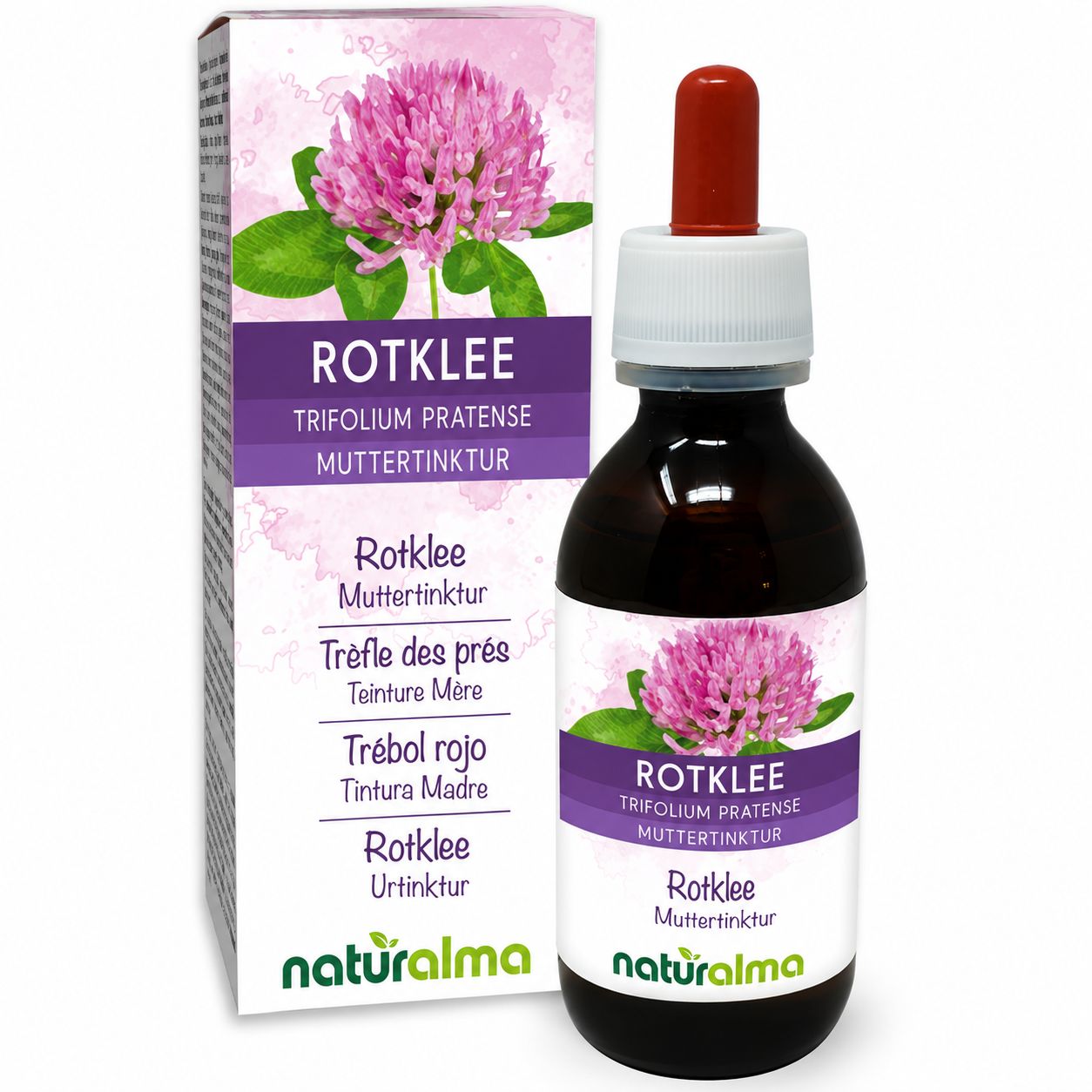 Rotklee Muttertinktur von Naturalma in einer Braunglasflasche mit Pipette.