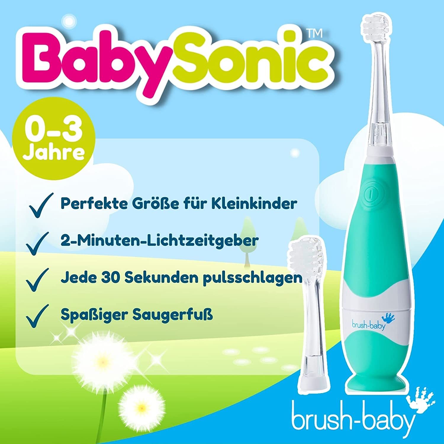 Grüne Zahnbürste mit weißem Bürstenkopf. Text: 0-3 Jahre. Marke: brush-baby. Merkmale: perfekte Größe, 2-Minuten-Timer.