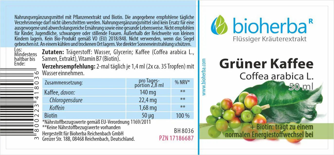 Etikett mit "Bioherba", "Grüner Kaffee", Blättern und Beeren. Text mit Inhaltsstoffen und Nährwertangaben.