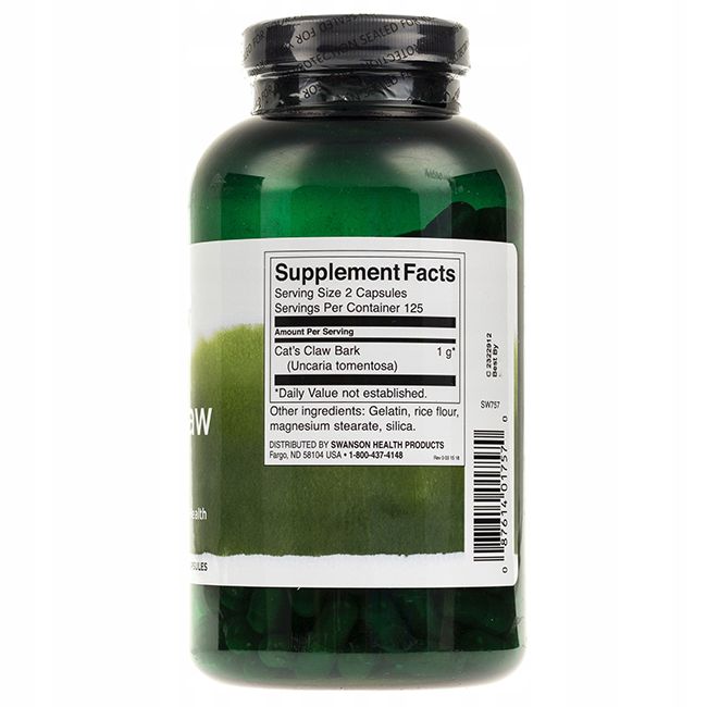 Rückseite einer grünen Flasche. Etikett mit Nährwertangaben: Cat's Claw Bark, 1g, Inhaltsstoffe, Swanson Health Products.