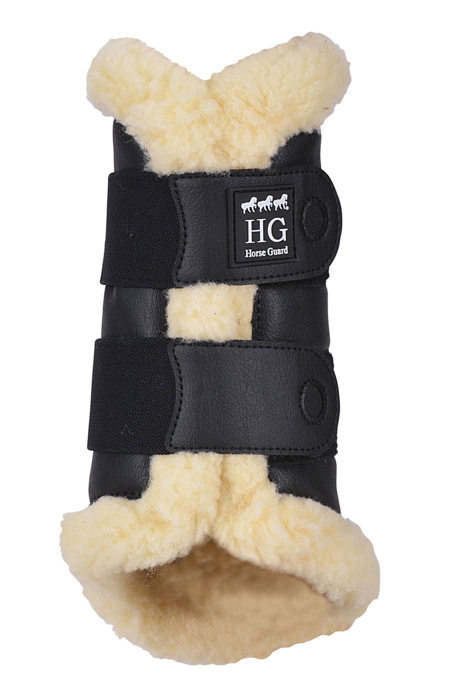 Schwarze Sehnenschoner mit Fellfutter und Klettverschlüssen. Logo "HG Horse Guard".