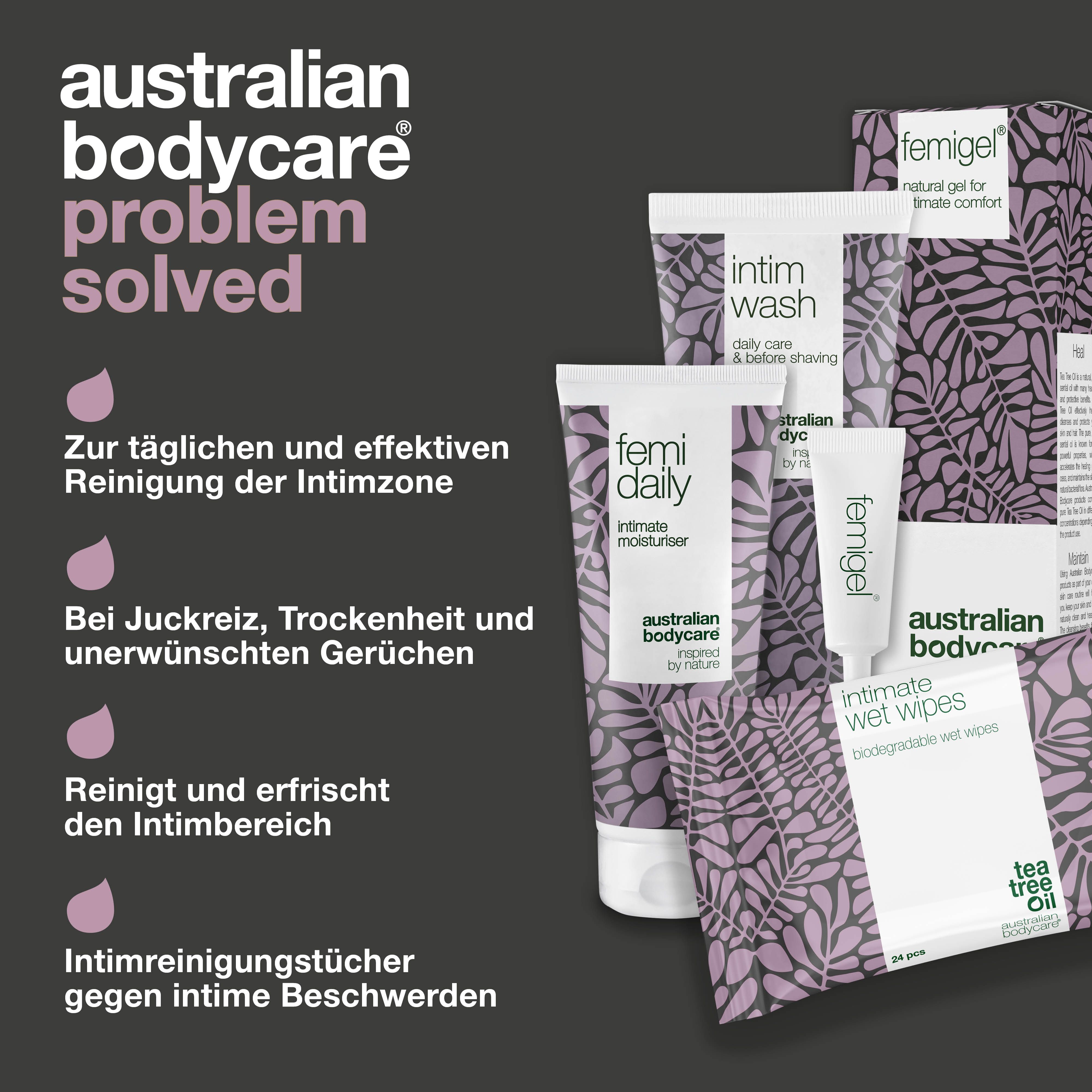 Problem-Lösung-Darstellung. Intimpflegeprodukte. Text in Deutsch.