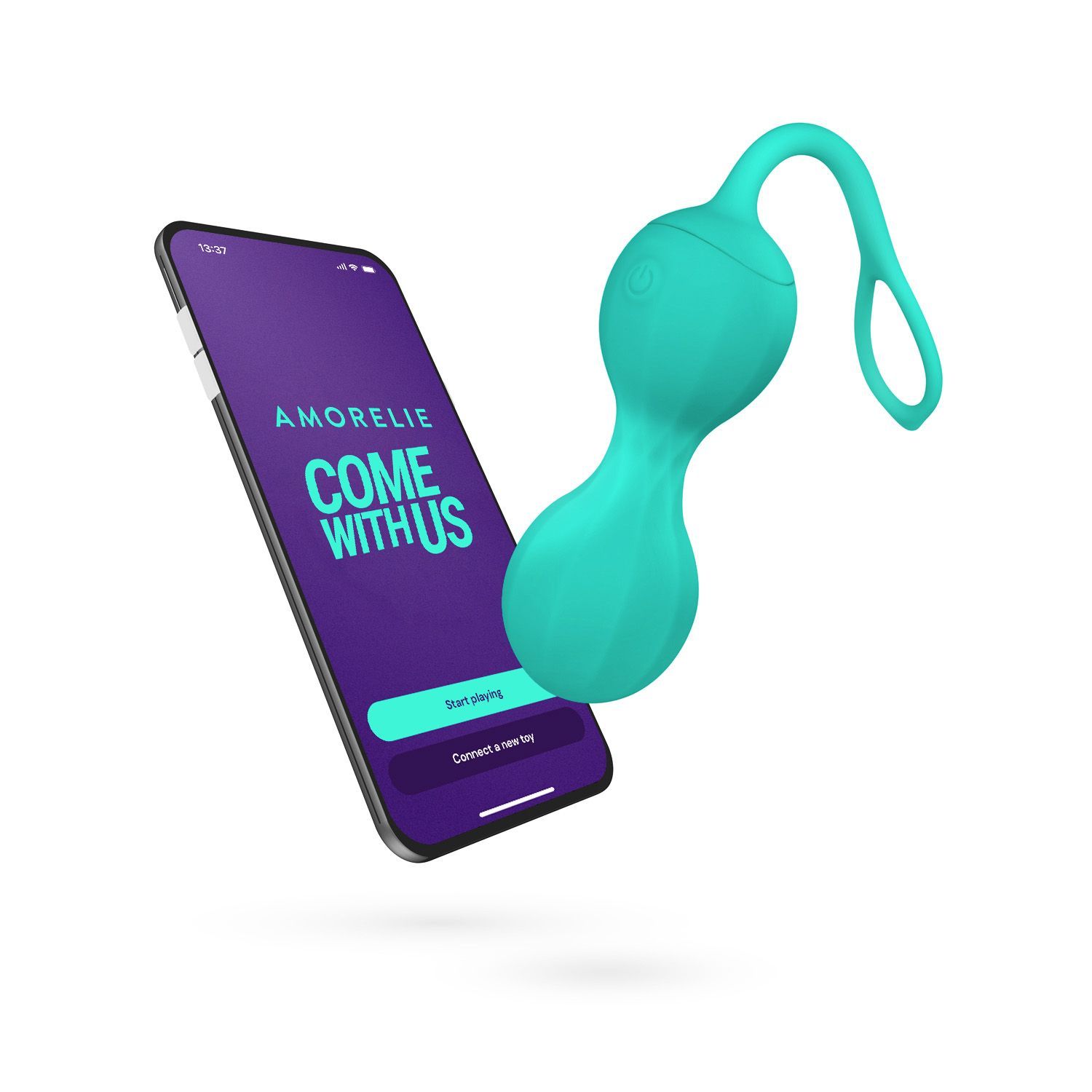 Türkisfarbenes Wellness-Produkt mit zwei Kugeln und Schlaufe, neben Smartphone mit AMORELIE-App.