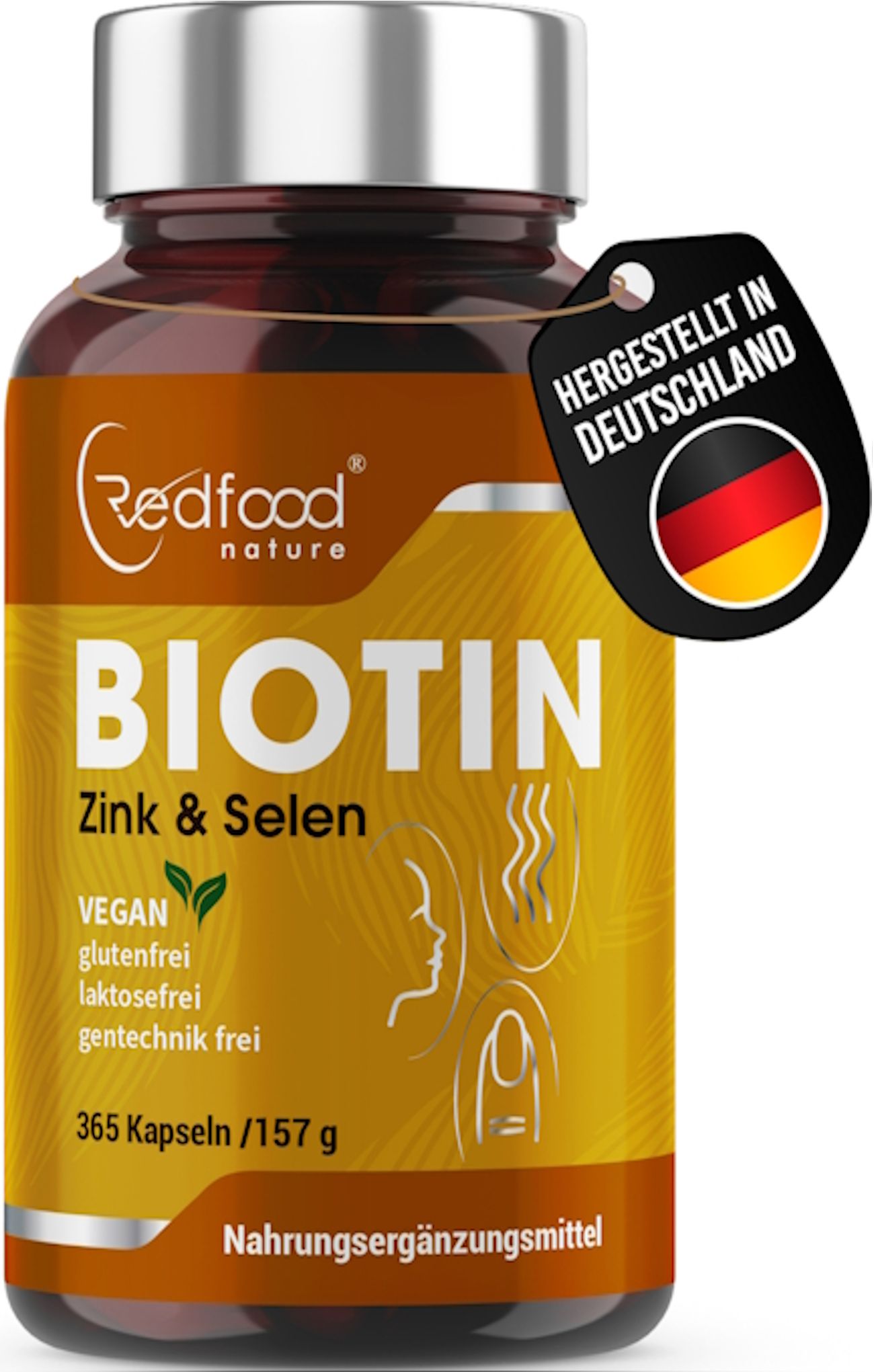 Braune Flasche mit "Redfood" und "Biotin". Enthält "Zink & Selen". Vegan, glutenfrei, laktosefrei. 365 Kapseln. "Hergestellt in Deutschland".