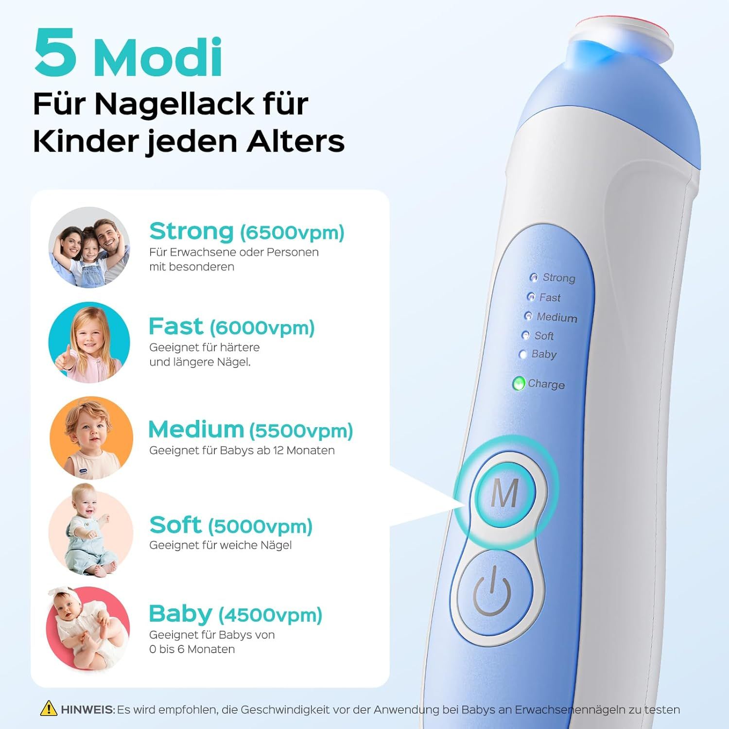 Elektrische Nagelfeile, blau-weiß. 5 Modi: Strong, Fast, Medium, Soft, Baby. Modi-Taste. Für Kinder jeden Alters.