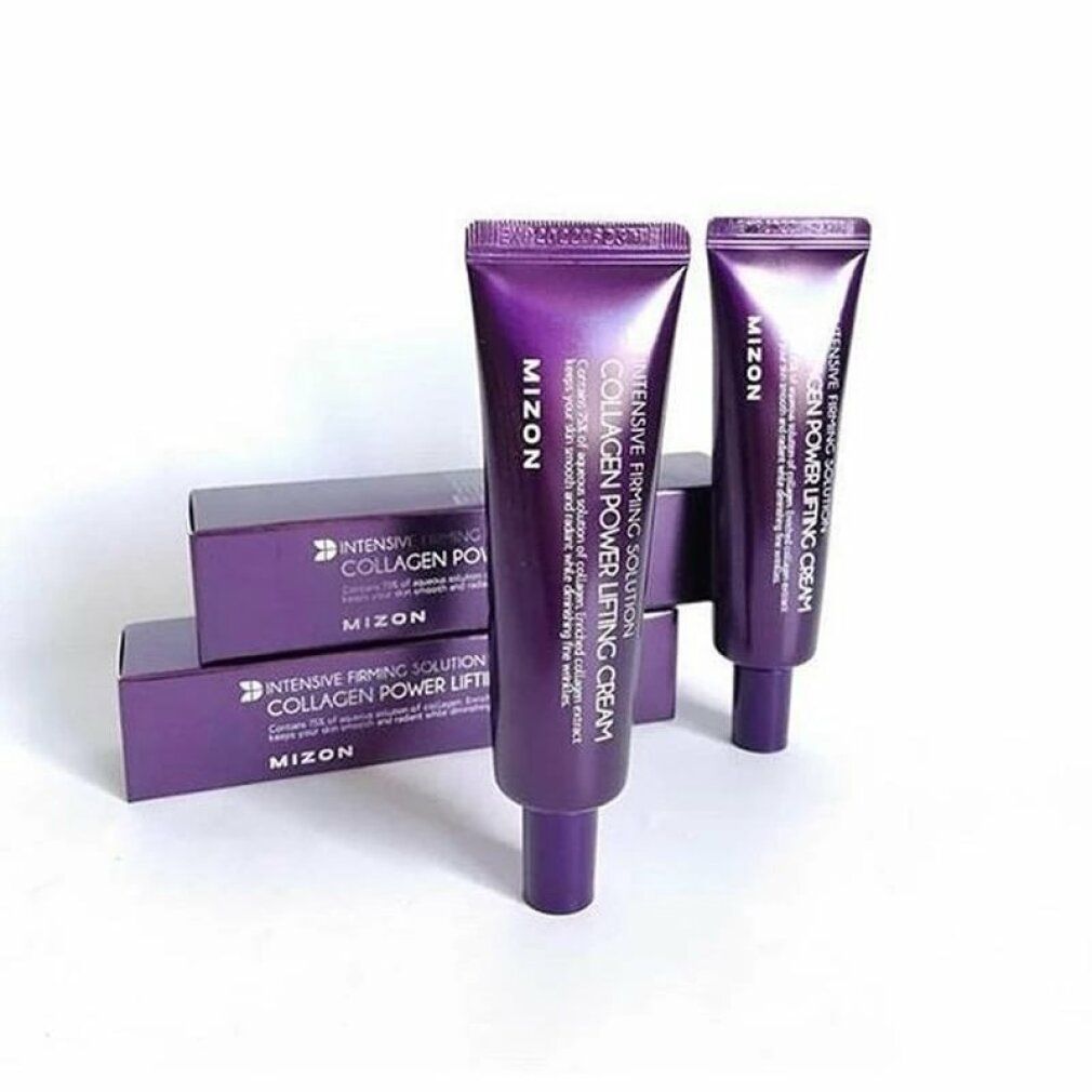 Mehrere Tuben und Schachteln. Aufschrift: Collagen Power Lifting Cream. Marke: Mizon.
