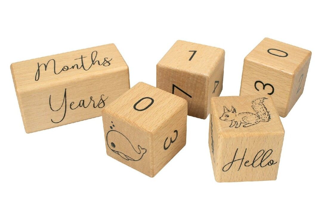 Holzwürfel mit Zahlen, Schriftzügen und Tierzeichnungen. Ein länglicher Block mit "Months Years".