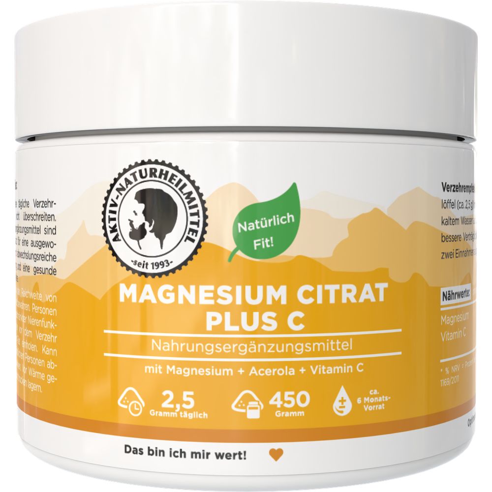 Weißes Produktglas mit gelbem Etikett. Aufschrift: Magnesium Citrat Plus C. Logo: Aktiv-Naturheilmittel. Enthält Magnesium, Acerola und Vitamin C.