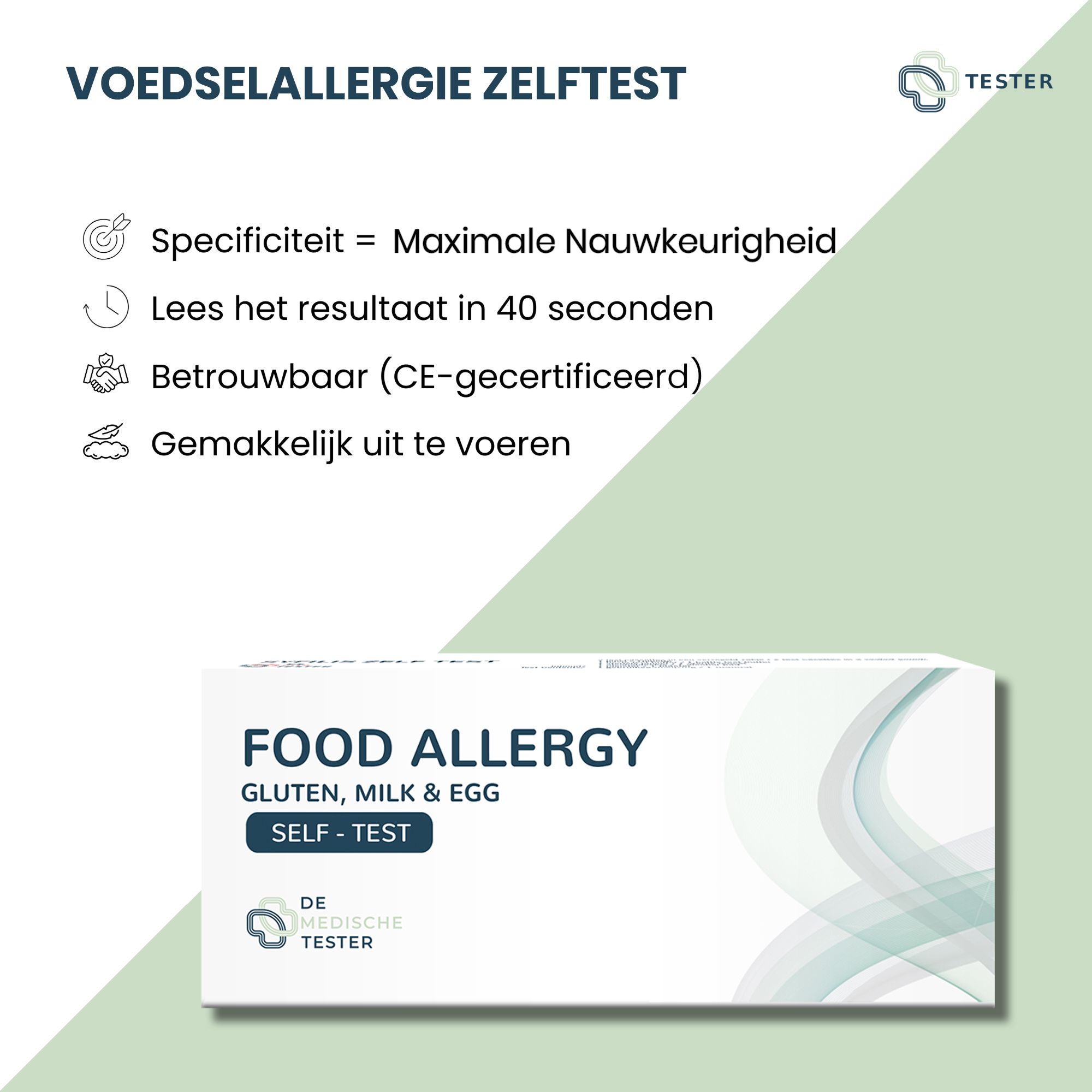 Text mit Informationen zum Lebensmittelallergie-Test. Text: Spezifität = Maximale Genauigkeit, Ergebnis in 40 Sekunden, zuverlässig (CE-zertifiziert).