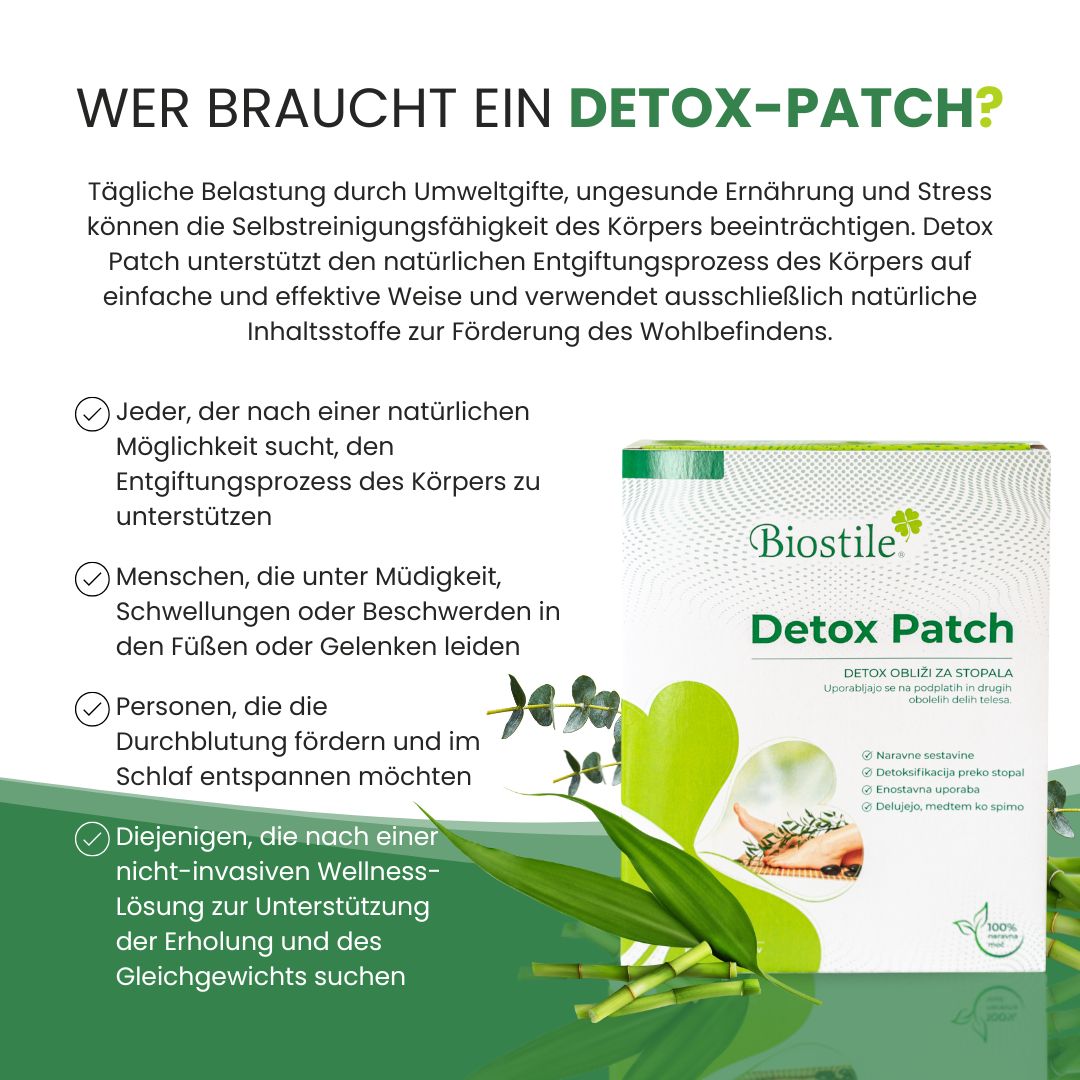 Biostile Detox Patch Packung neben Bambus und Kräutern, Text über Anwendungsbereiche.