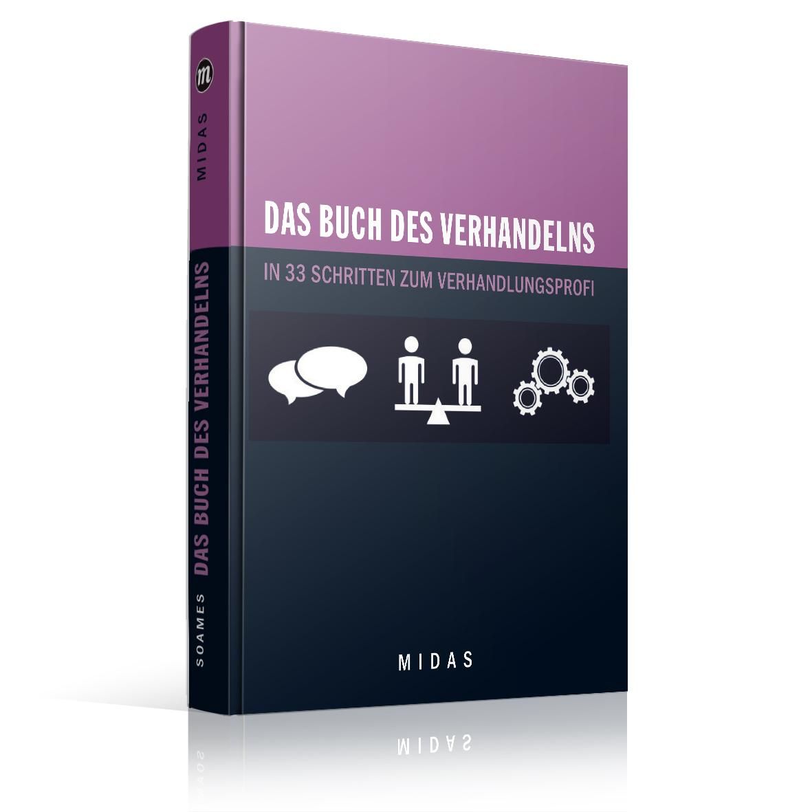 Buch "Das Buch des Verhandelns". Cover mit Titel, Untertitel, Icons und Logo. Buchrücken mit Titel und Logo. Perspektivische Ansicht.