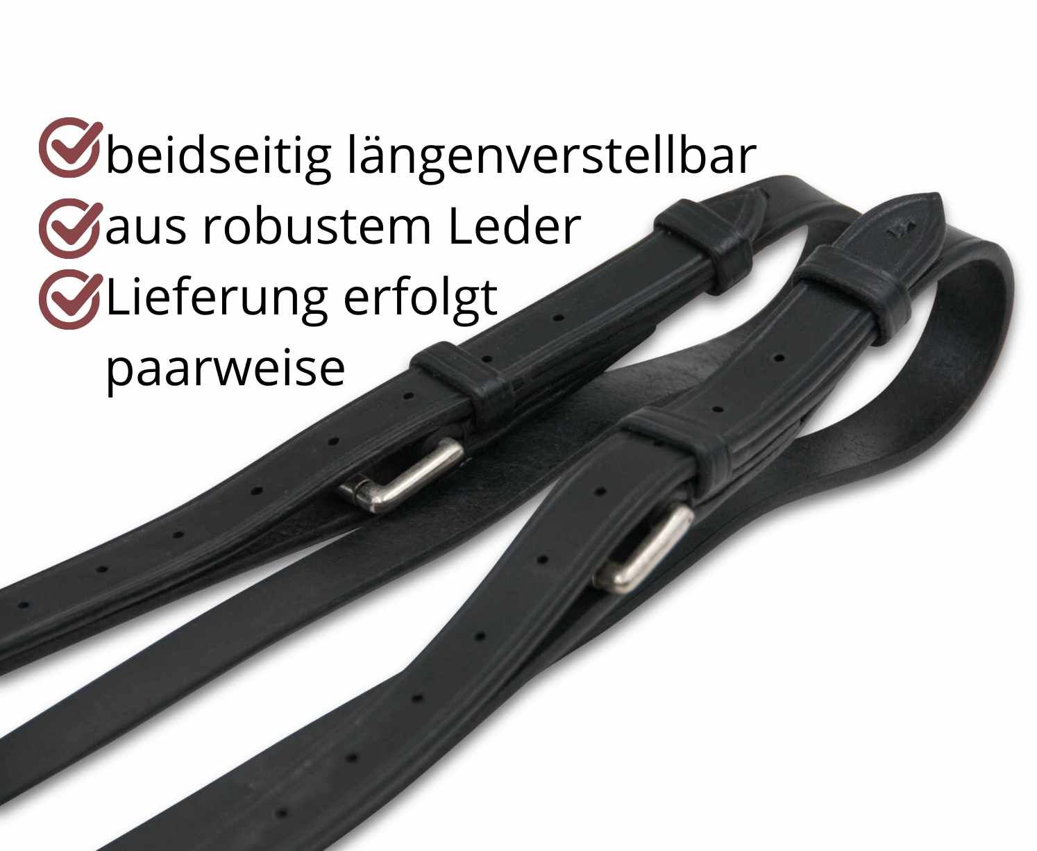 Schwarze Lederzügel. Text: beidseitig längenverstellbar, aus robustem Leder, Lieferung paarweise.