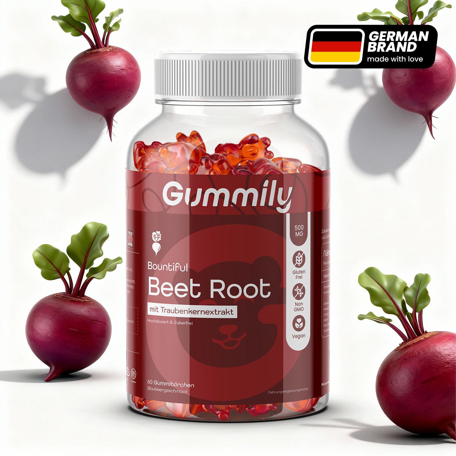 Klare Dose mit roten Gummibärchen. Aufschrift Gummily, Beet Root. Mit deutschem Qualitätszeichen.