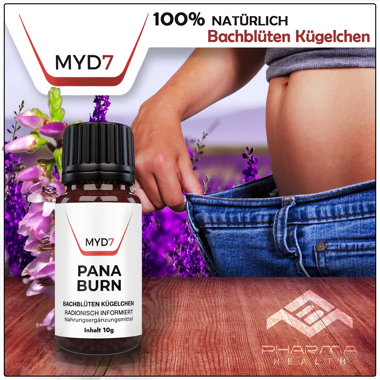 Braune Glasflasche mit schwarzem Deckel. Etikett mit "MYD7", "PANA BURN" und weiteren Texten. Inhalt 10g. Frau in Jeans.
