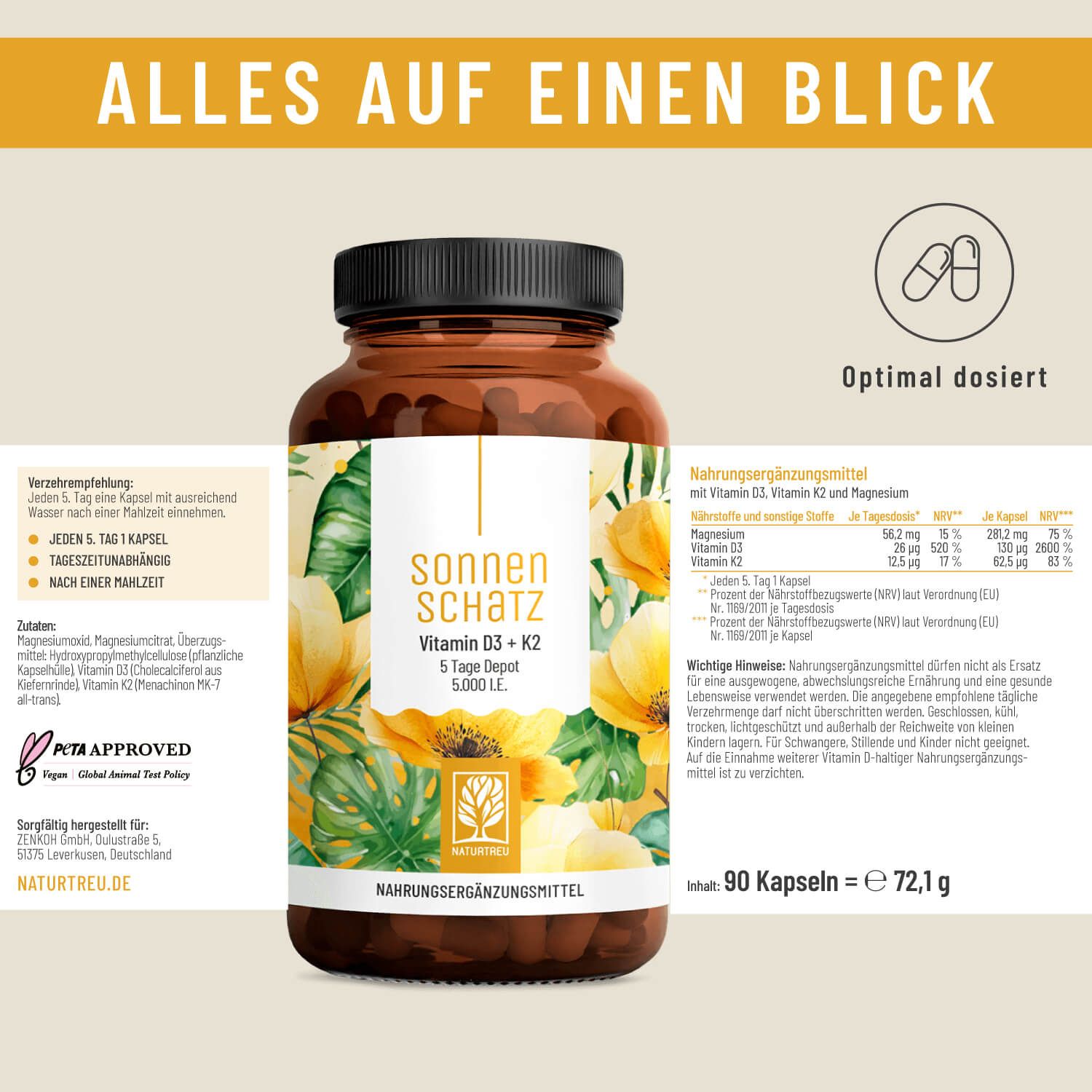 Braune Flasche mit gelbem Etikett. Aufschrift: SONNENSCHATZ, Vitamin D3 + K2, 5 Tage Depot. Text und Tabellen. 90 Kapseln.