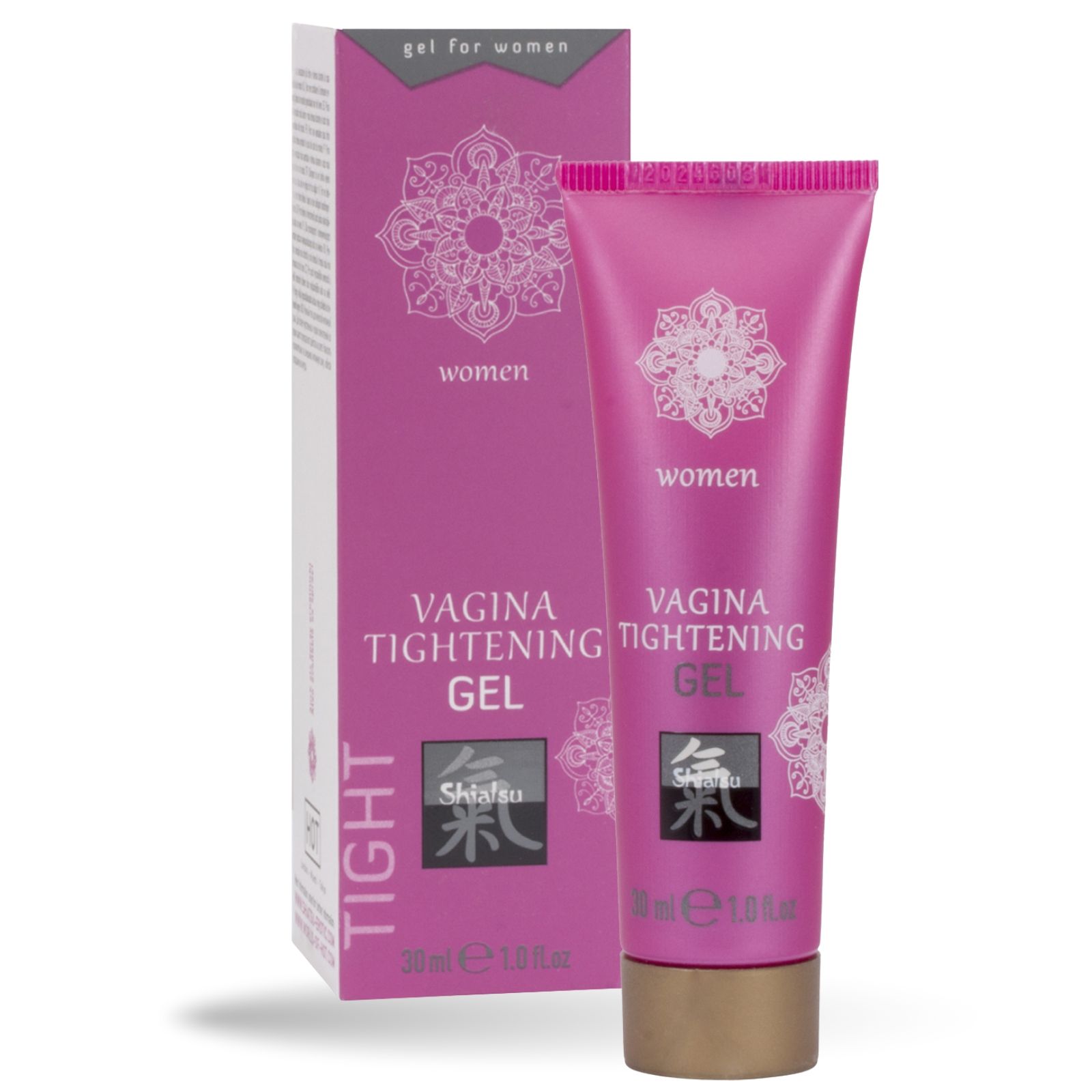 Rosa Tube mit Schriftzug. Vagina Tightening Gel. Shiatsu Logo. Verpackung mit Produktinformationen.