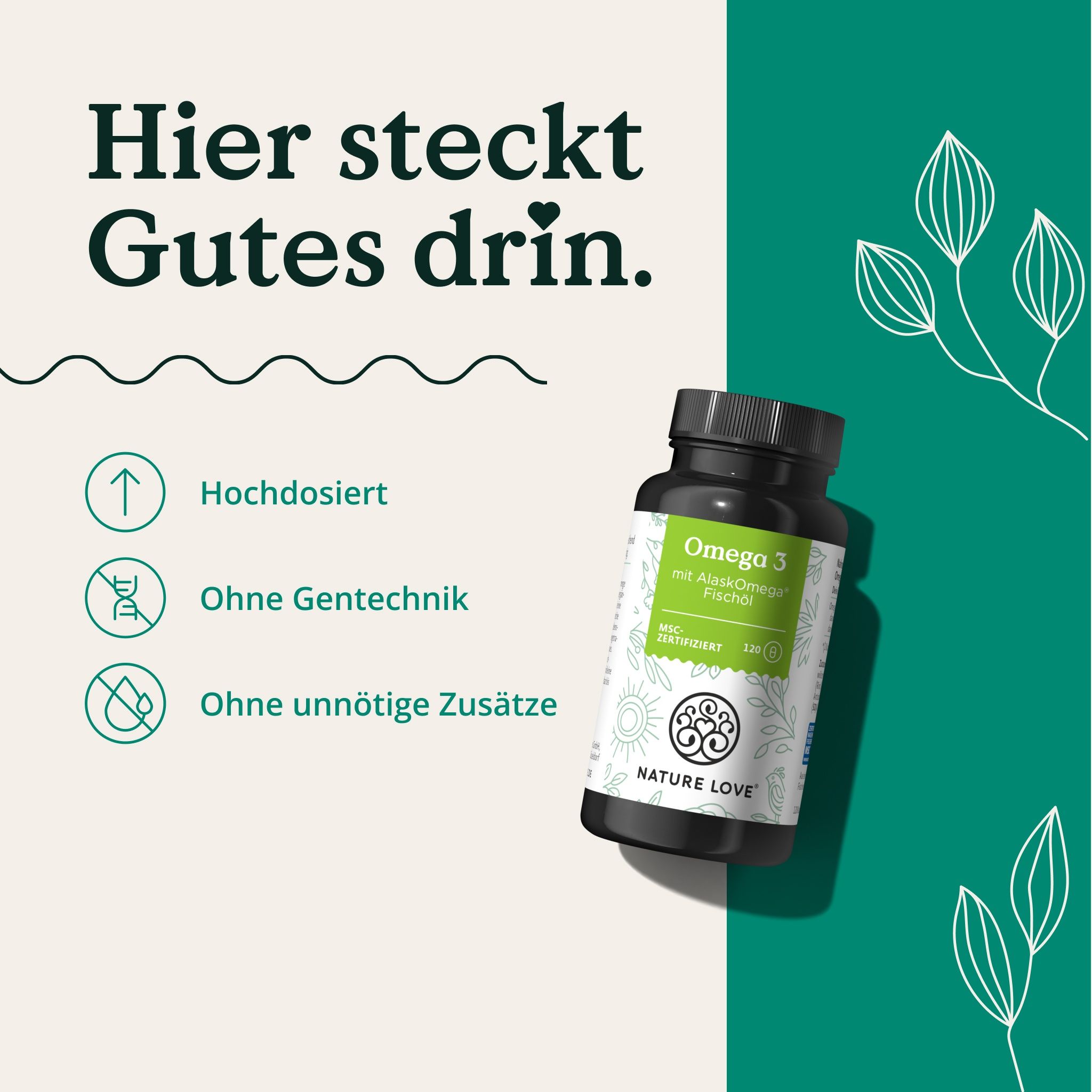 Produktflasche mit Etikett. Icons: Hochdosiert, Ohne Gentechnik, Ohne unnötige Zusätze. Text: Omega 3 mit AlaskOmega Fischöl.