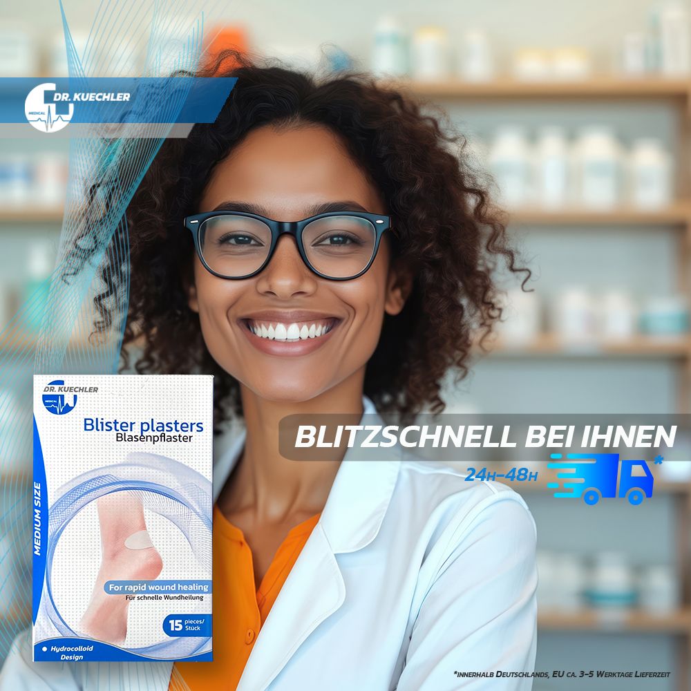 Apothekerin mit Blasenpflaster-Packung. Schnelle Lieferung.
