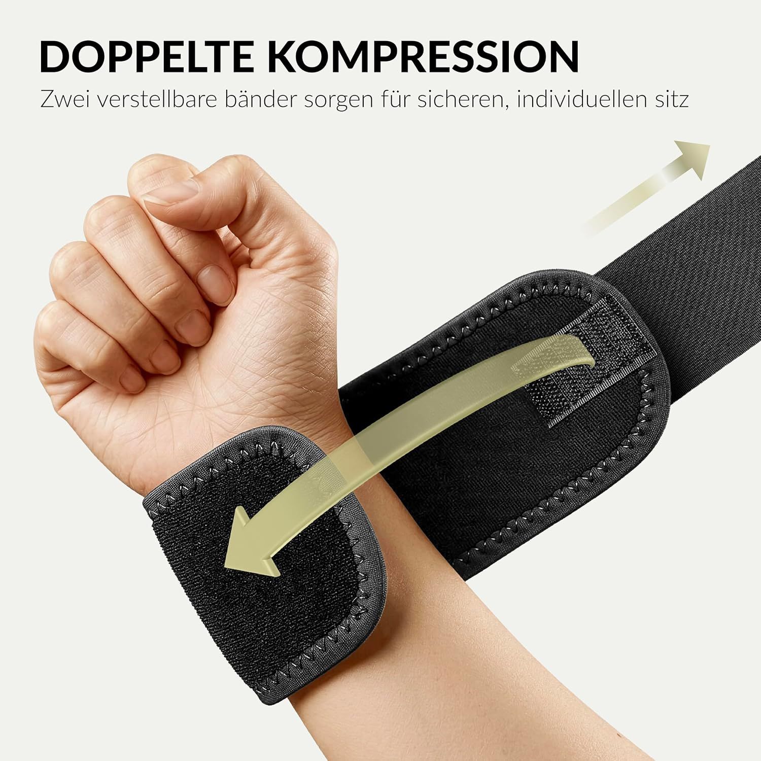 Handgelenkbandage mit Schnürung und Klettverschluss, am Handgelenk getragen.