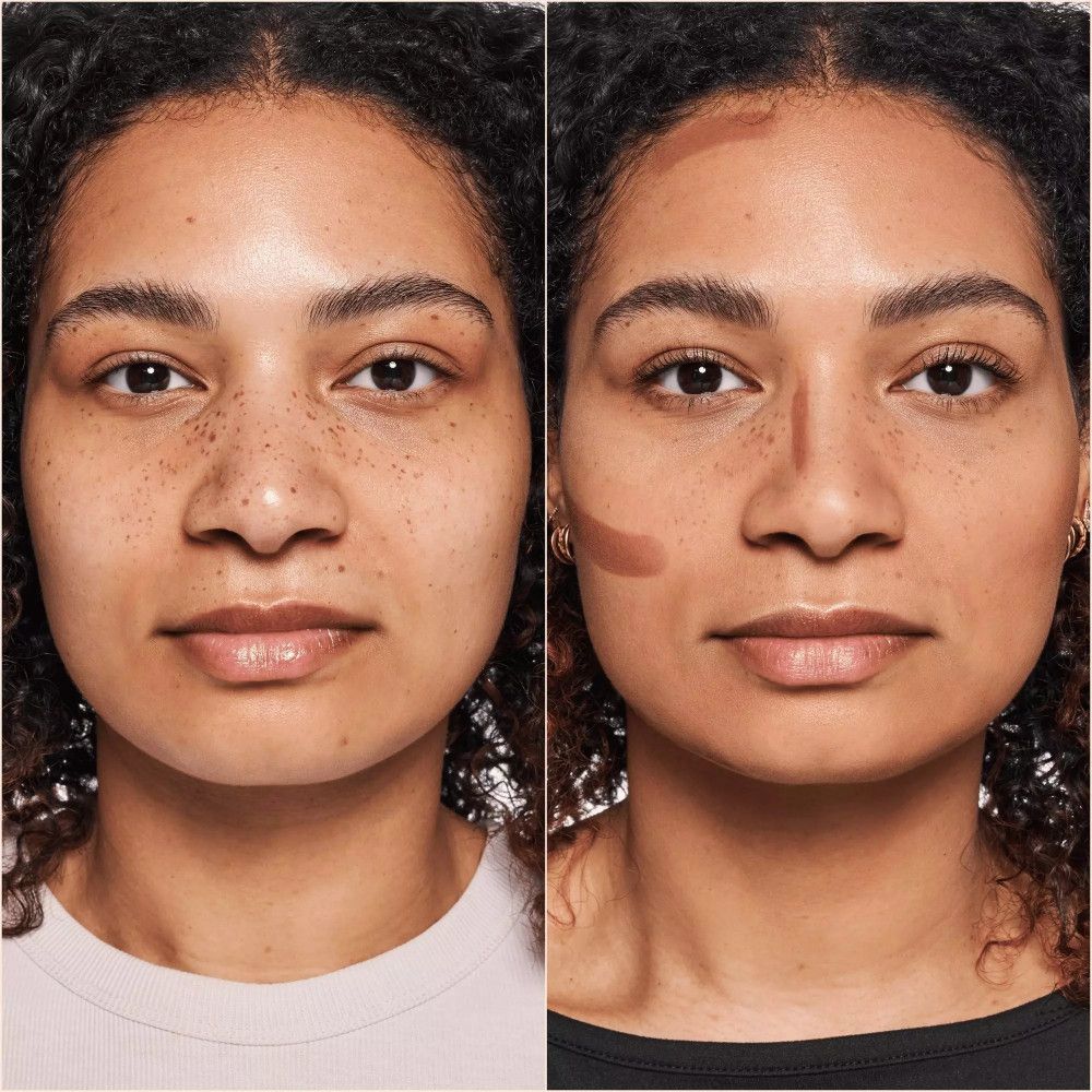 Gesicht einer Frau vor und nach dem Auftragen von Contouring-Produkten. Deutliche Unterschiede in der Konturierung.