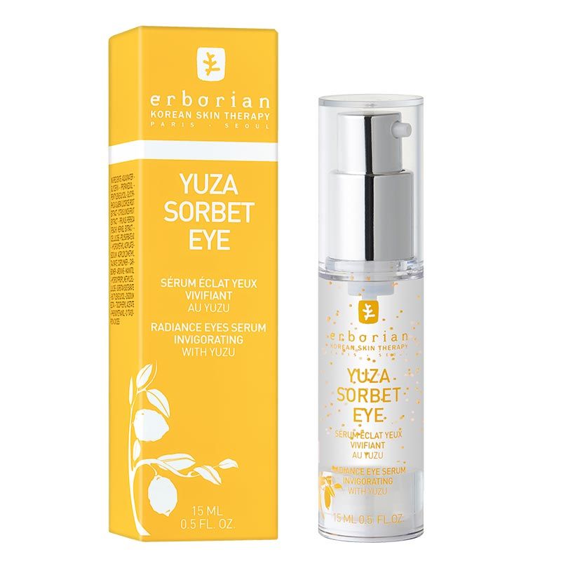 Gelbe Verpackung und Flasche. Aufschrift: YUZA SORBET EYE, Erborian. Enthält Serum. Mit Yuzu. Flasche mit Pumpverschluss.