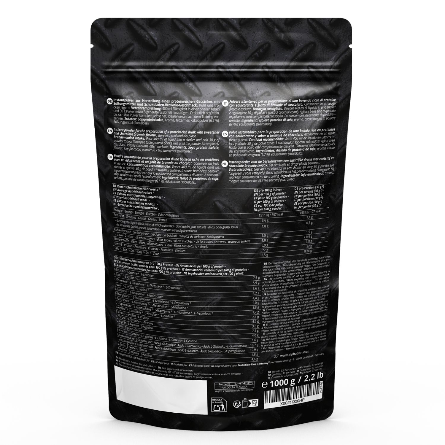 Rückseite eines Alphatier Phenomenal Protein Pulver 1kg Beutels mit Nährwertangaben und Zutatenliste.