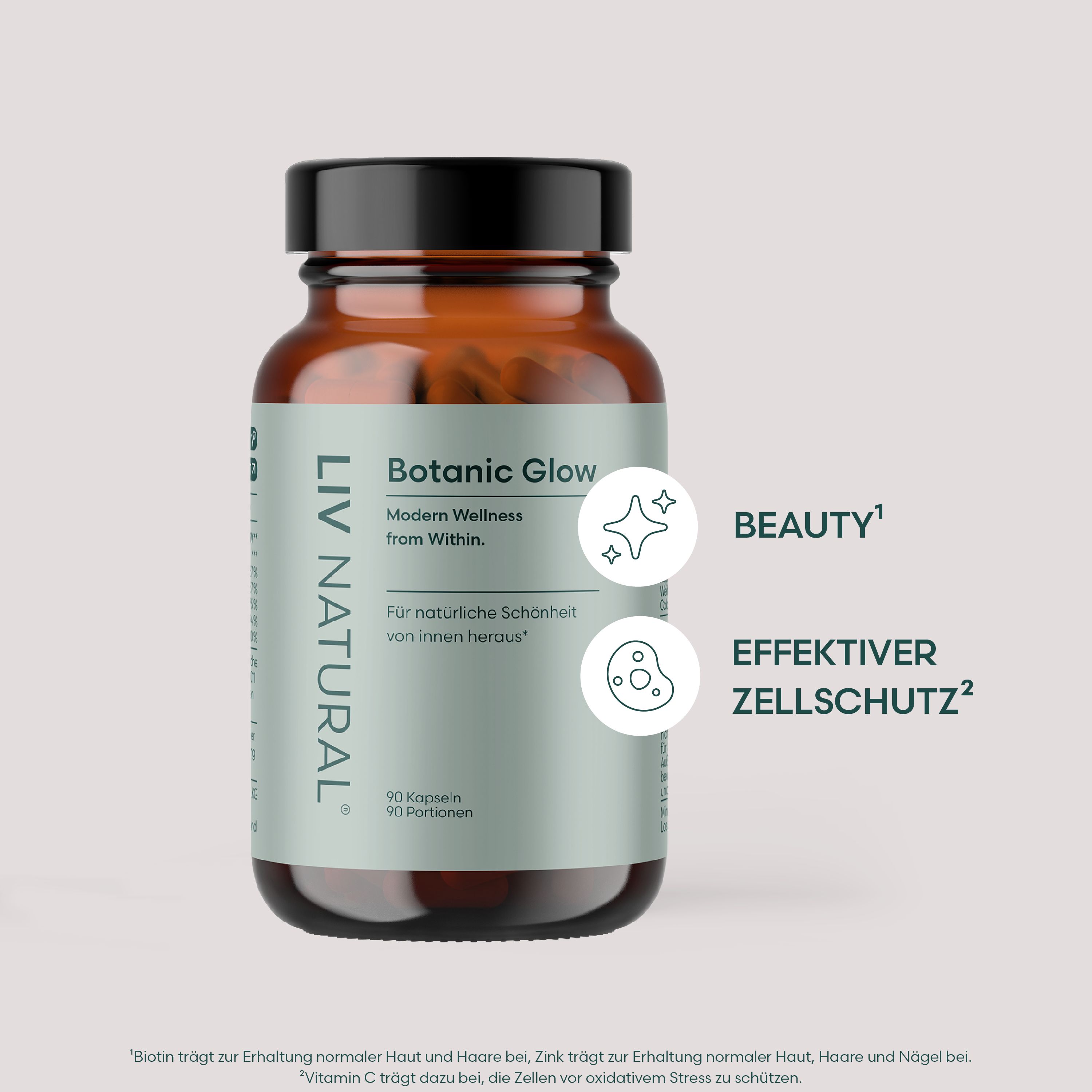 Braune Glasflasche mit schwarzen Deckel. Aufschrift: LIV NATURAL Botanic Glow. 90 Kapseln. Mit Icons für Beauty und Zellschutz.