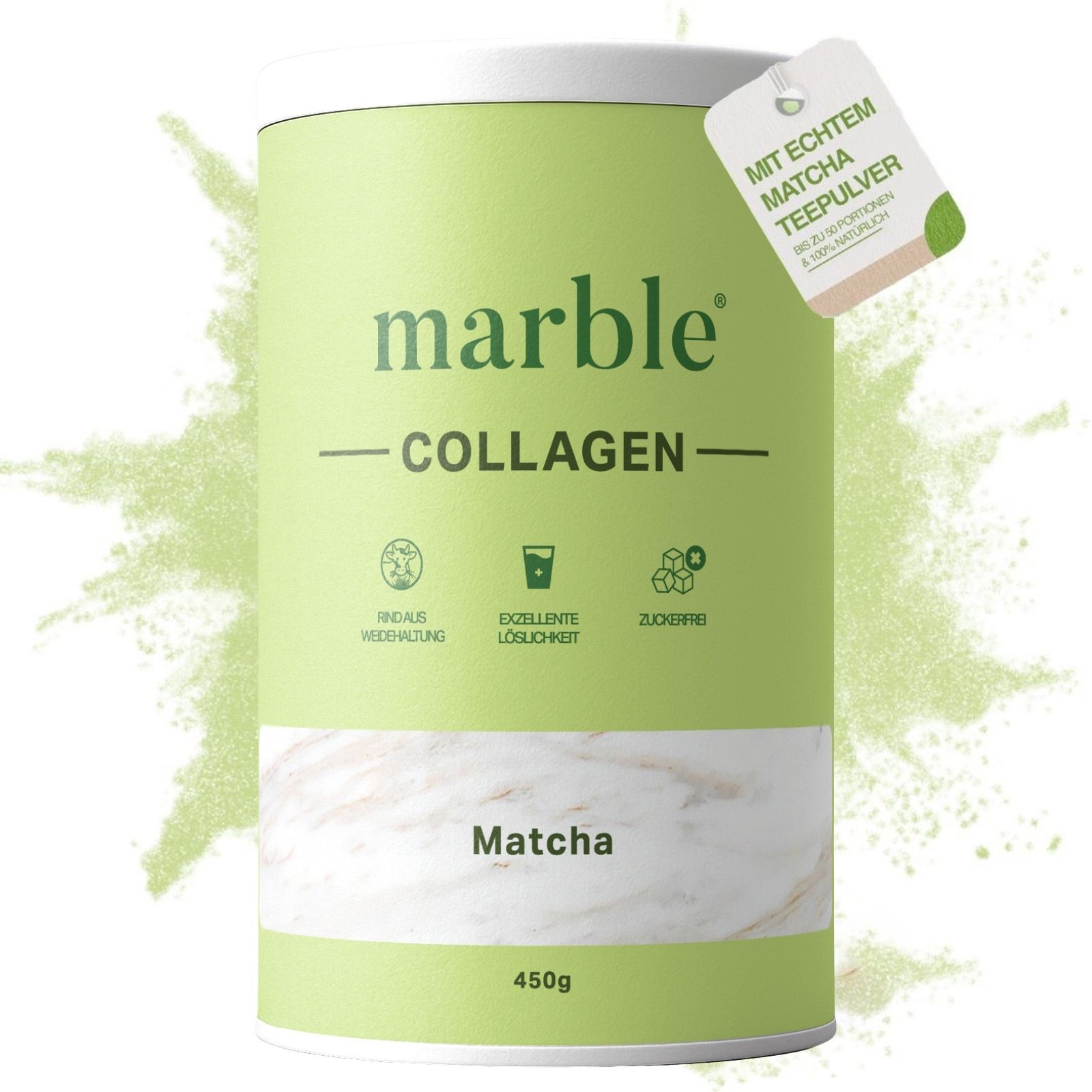 Grüne Dose marble Collagen, Matcha, 450g, mit Anhänger. Anhänger: Mit echtem Matcha-Teepulver. Logos: einfache Verdauung, exzellente Löslichkeit, zuckerfrei.