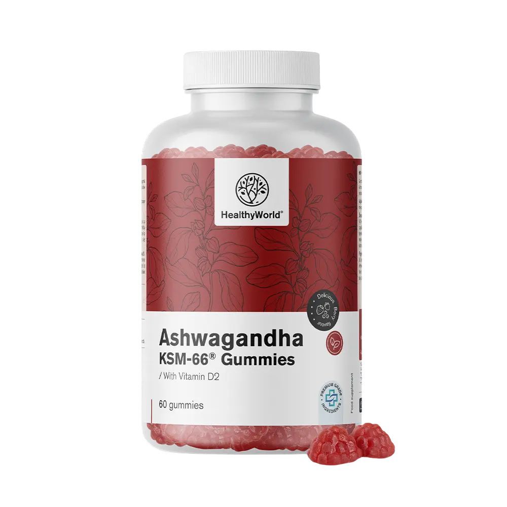 Rote Gummibärchen und eine Flasche mit Aufschrift Ashwagandha KSM-66 Gummies. Auf der Flasche sind das Logo und der Markenname HealthyWorld zu sehen.