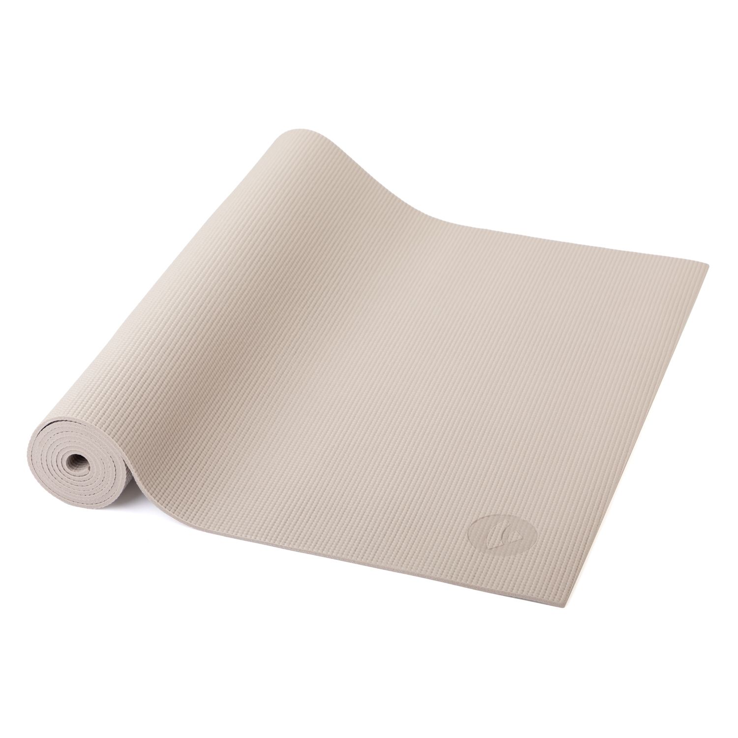 Beige Yogamatte, teilweise gerollt. Bodhi-Logo in der Ecke. Geriffelte Oberfläche.