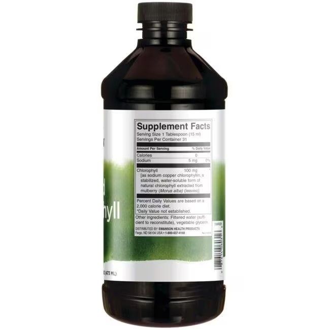 Braune Flasche mit schwarzem Deckel. Rückseite mit Nährwertangaben. Enthält Chlorophyll. 16 FL OZ (473 ml).