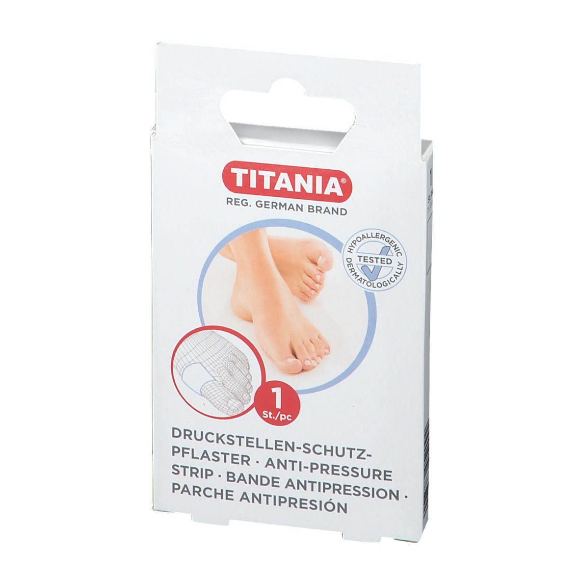 TITANIA® Druckstellen-Schutzpflaster Verpackung. Weißer Karton mit Produktabbildung und Logo. Hypoallergen getestet.