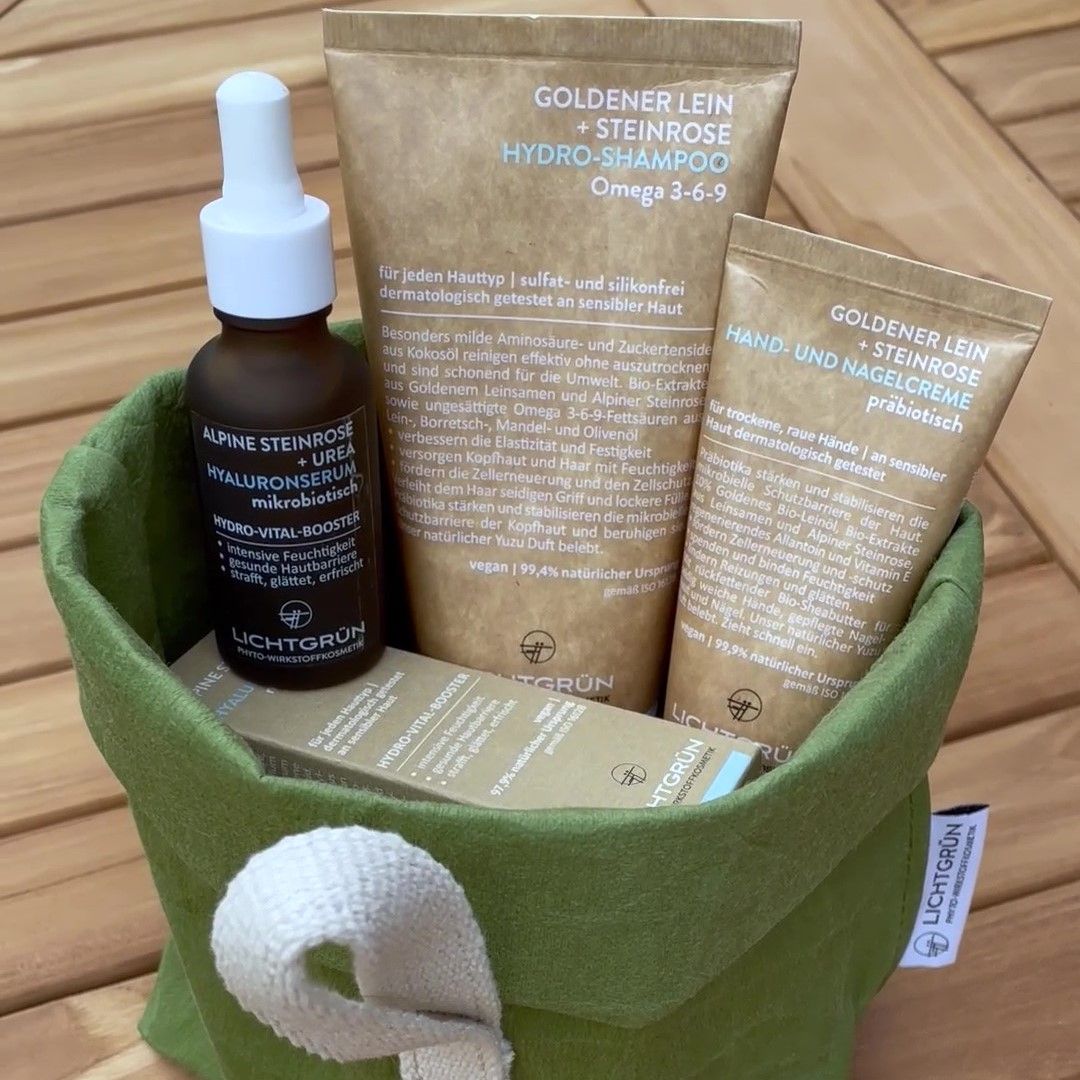 Geschenkset mit Kosmetikprodukten in einer grünen Tasche. Enthält Tuben, eine Flasche mit Pipette und eine kleine Schachtel.