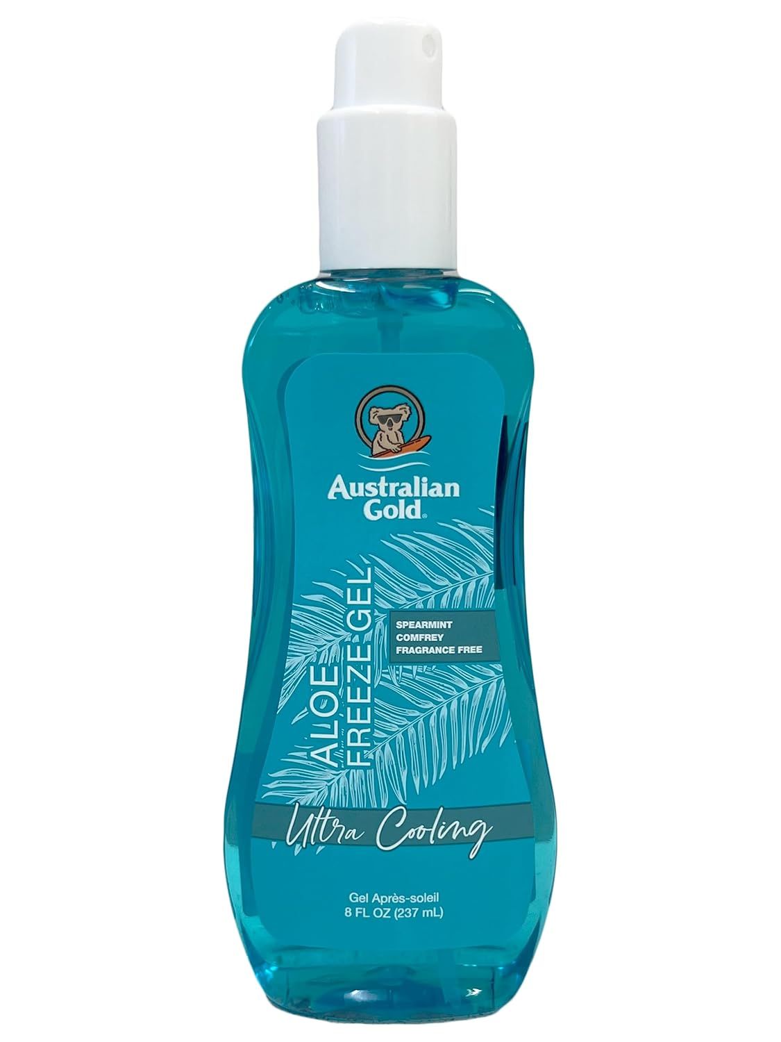Blaues Gel-Spray mit weißem Sprühkopf. Aufschrift: Australian Gold, Aloe Freeze Gel, Ultra Cooling. 8 FL OZ (237 mL).