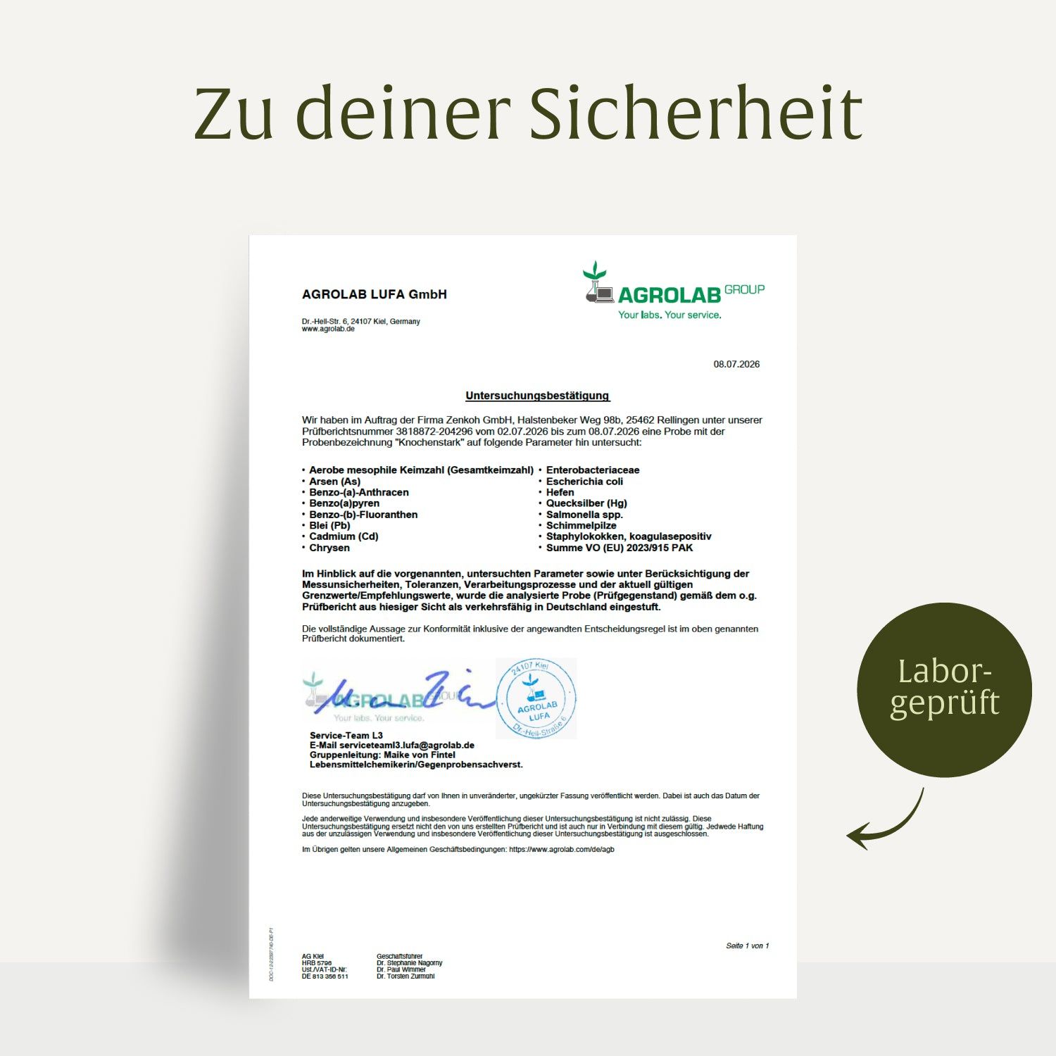 Laborbericht für Knochenstark, mit Siegel 'Labor-geprüft'.