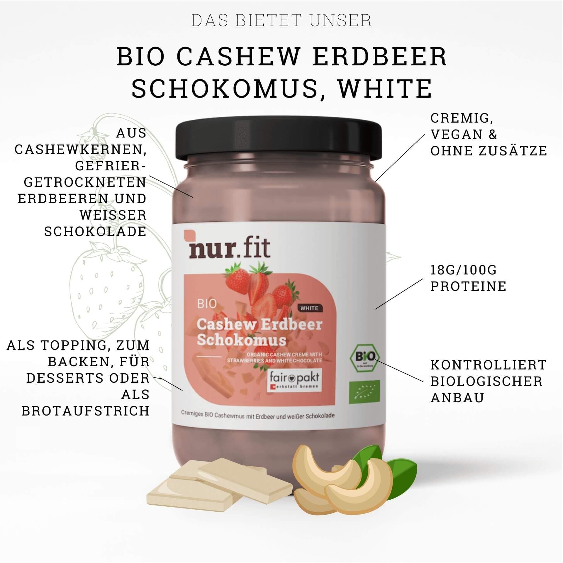 Glas mit Cashew Erdbeer Schokomus. Produktname, Erdbeeren, Cashewnüsse und Schokolade. BIO-Siegel. Schwarzer Deckel.