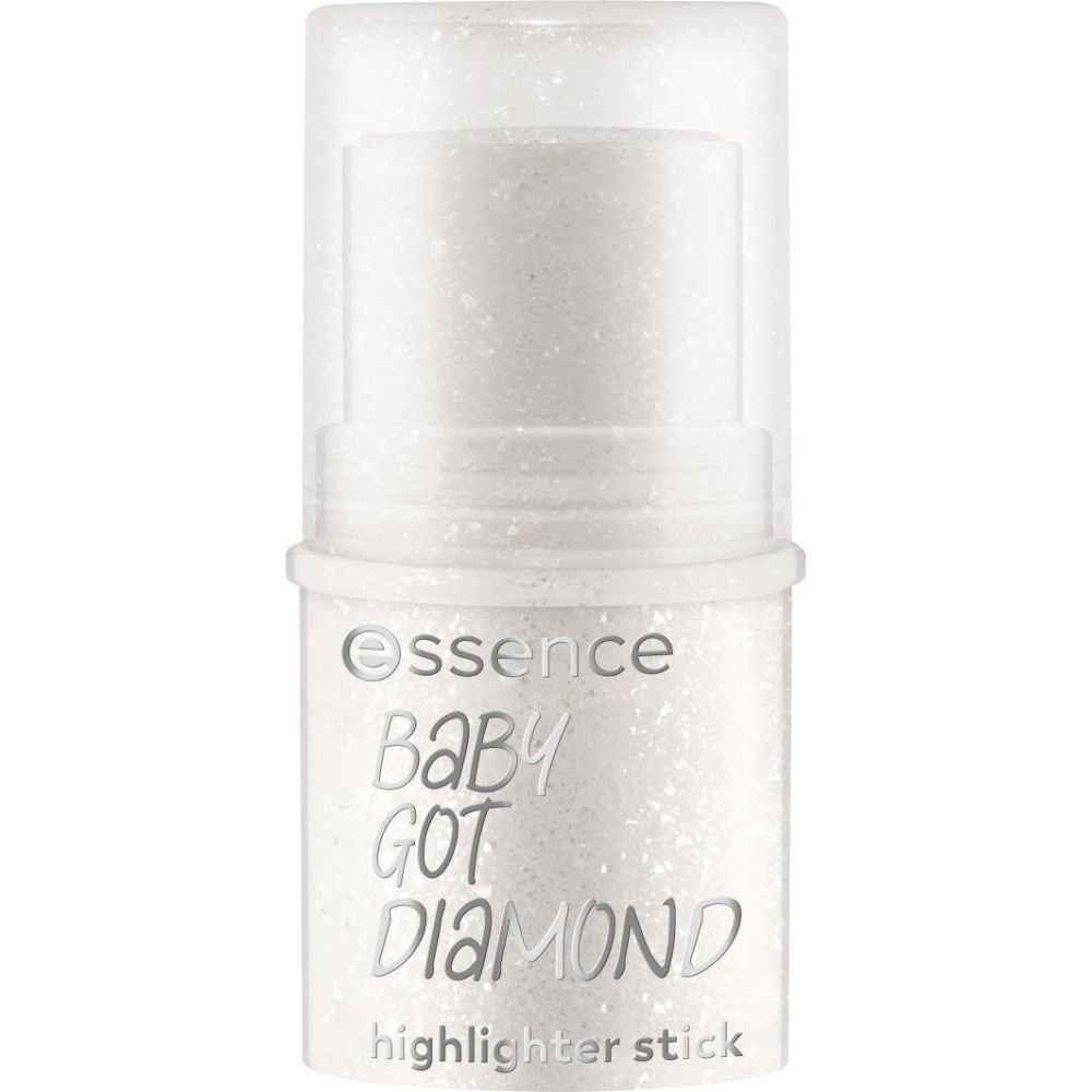 Highlighter-Stick mit Glitzer. Aufschrift: Essence, Baby Got Diamond, Highlighter Stick. Weiße Verpackung.
