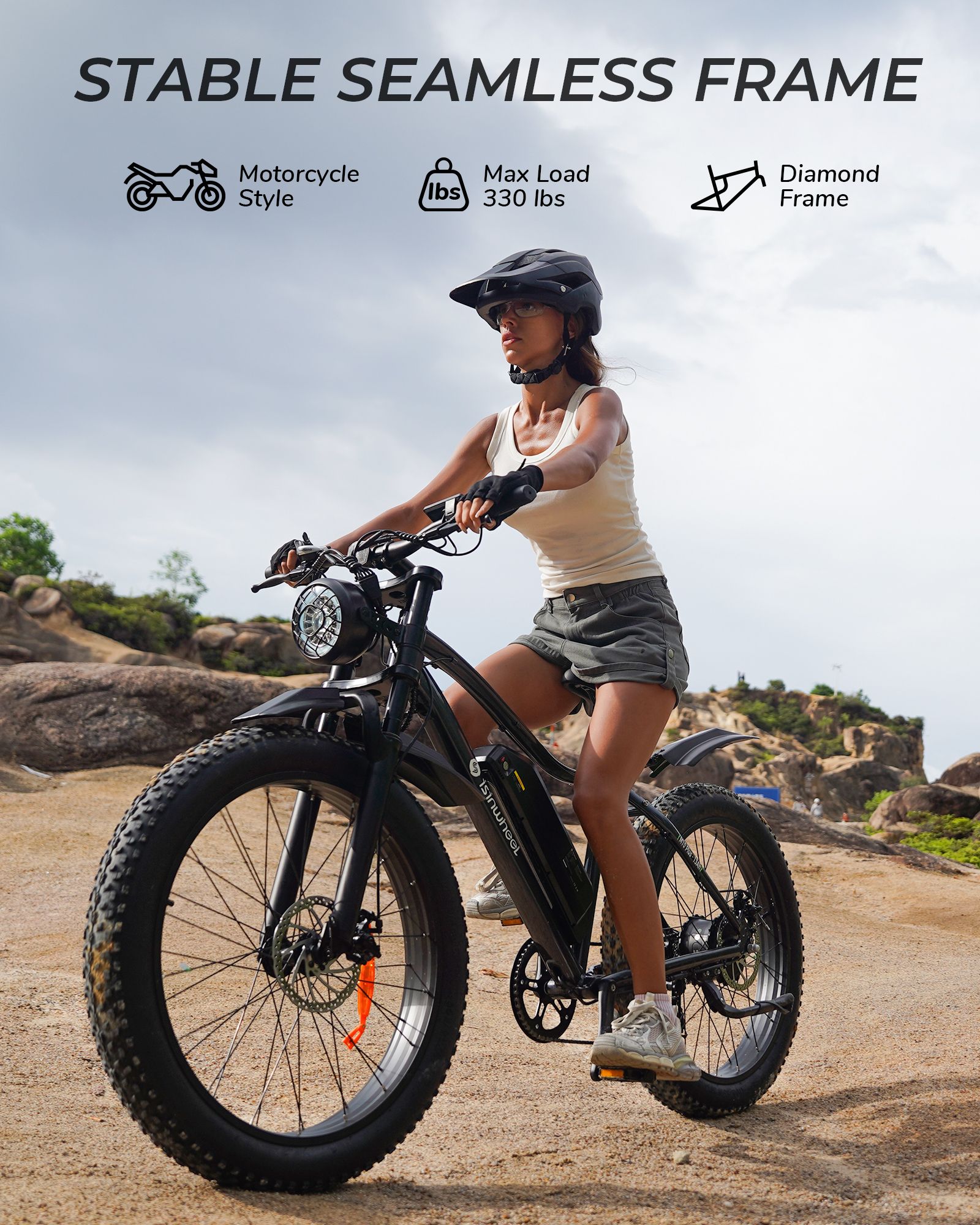 Frau fährt E-Bike. Text: STABLE SEAMLESS FRAME, Motorcycle Style, Max Load 330 lbs, Diamond Frame.