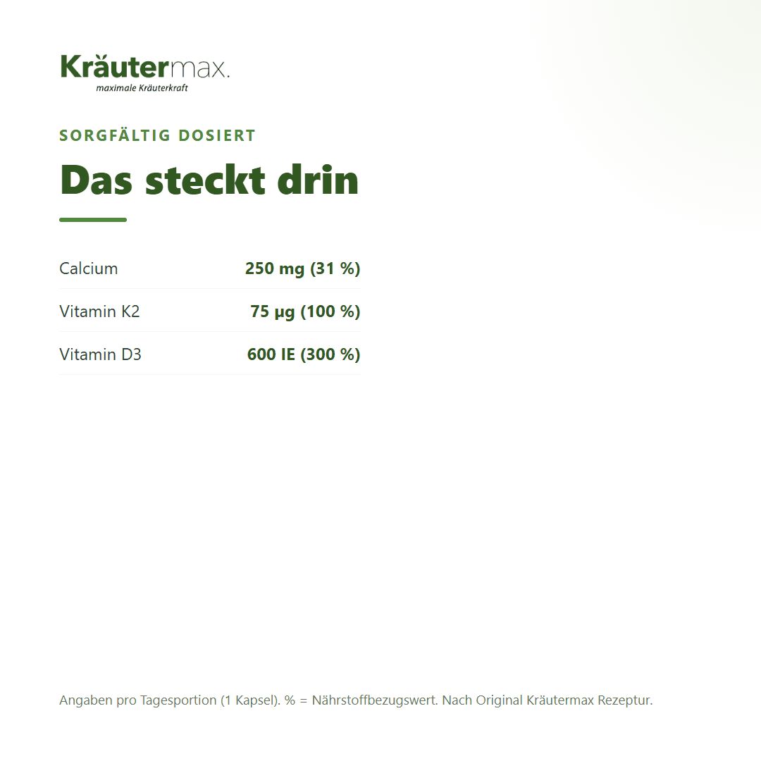 Dosierung von Calcium, Vitamin K2 und Vitamin D3 in Kräutermax Kapseln.