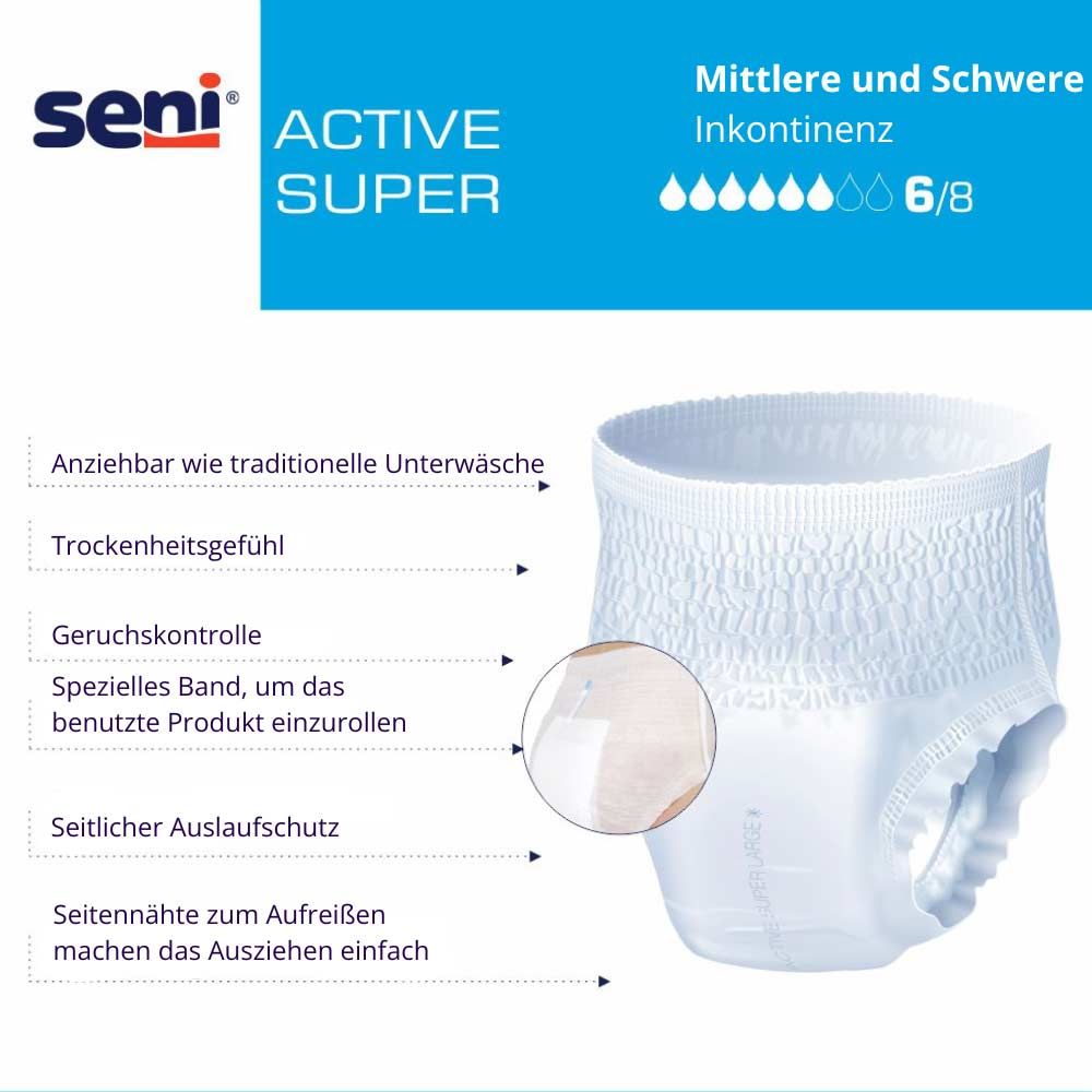 Seni Active Super Inkontinenzhose mit Produktinformationen. Text: Active Super, Mittlere und schwere Inkontinenz, 6/8 Tropfen.