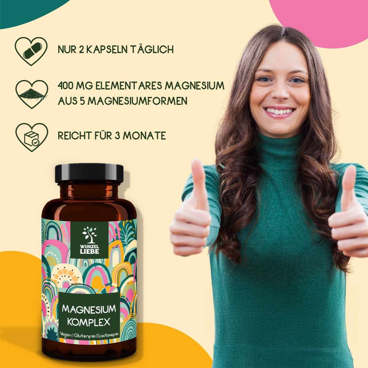 Braune Flasche mit Etikett. Aufschrift: WURZELLIEBE® Magnesium Komplex. Frau mit Daumen hoch. Text: Nur 2 Kapseln täglich, 400mg Magnesium.